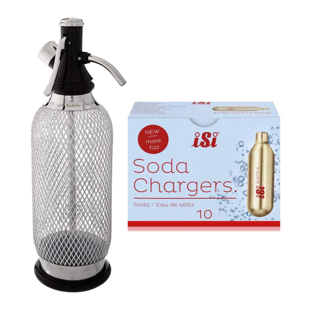 Isi Classic Steel Mesh Sodamaker Bottle (1 Quart) With Co2 Soda Siphon Chargers (10-Pack) Bundle - For Making Sparkling Water Be
