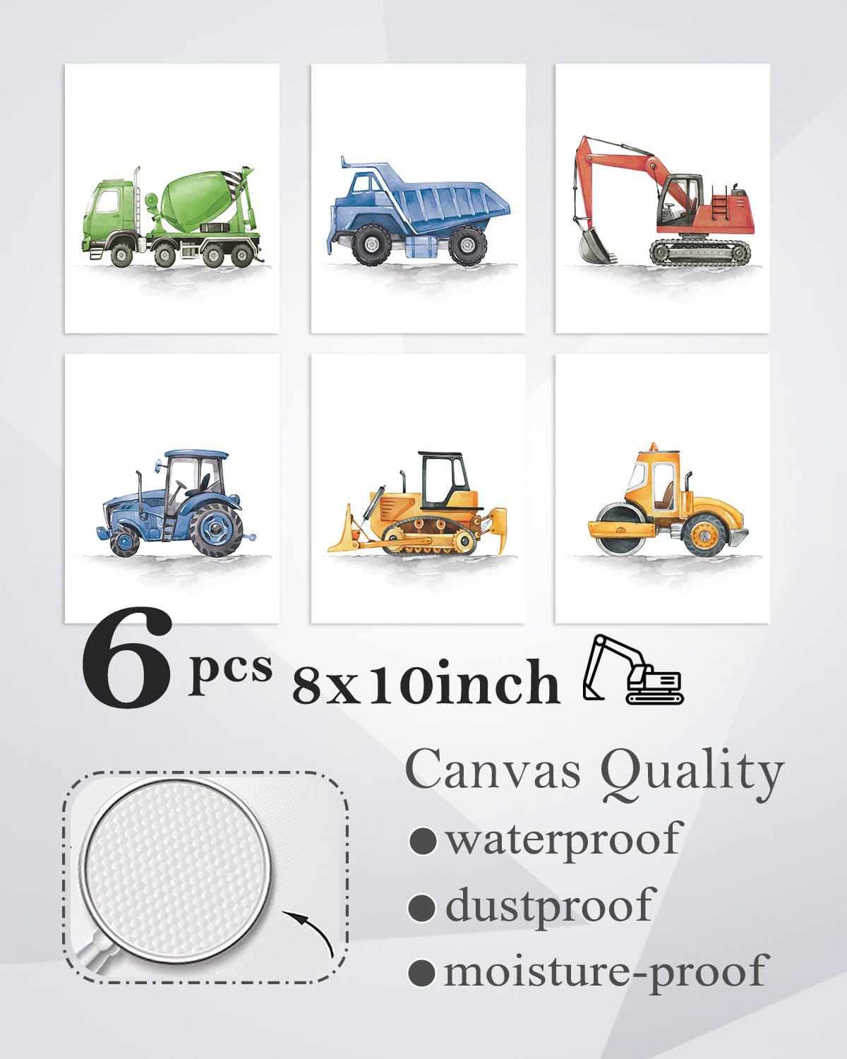 Astrdecor Construction Room Decor For Boys, Boys Nursery Decor, Toddler Boy Room Decor, Playroom Wall Art Watercolour Truck Prin