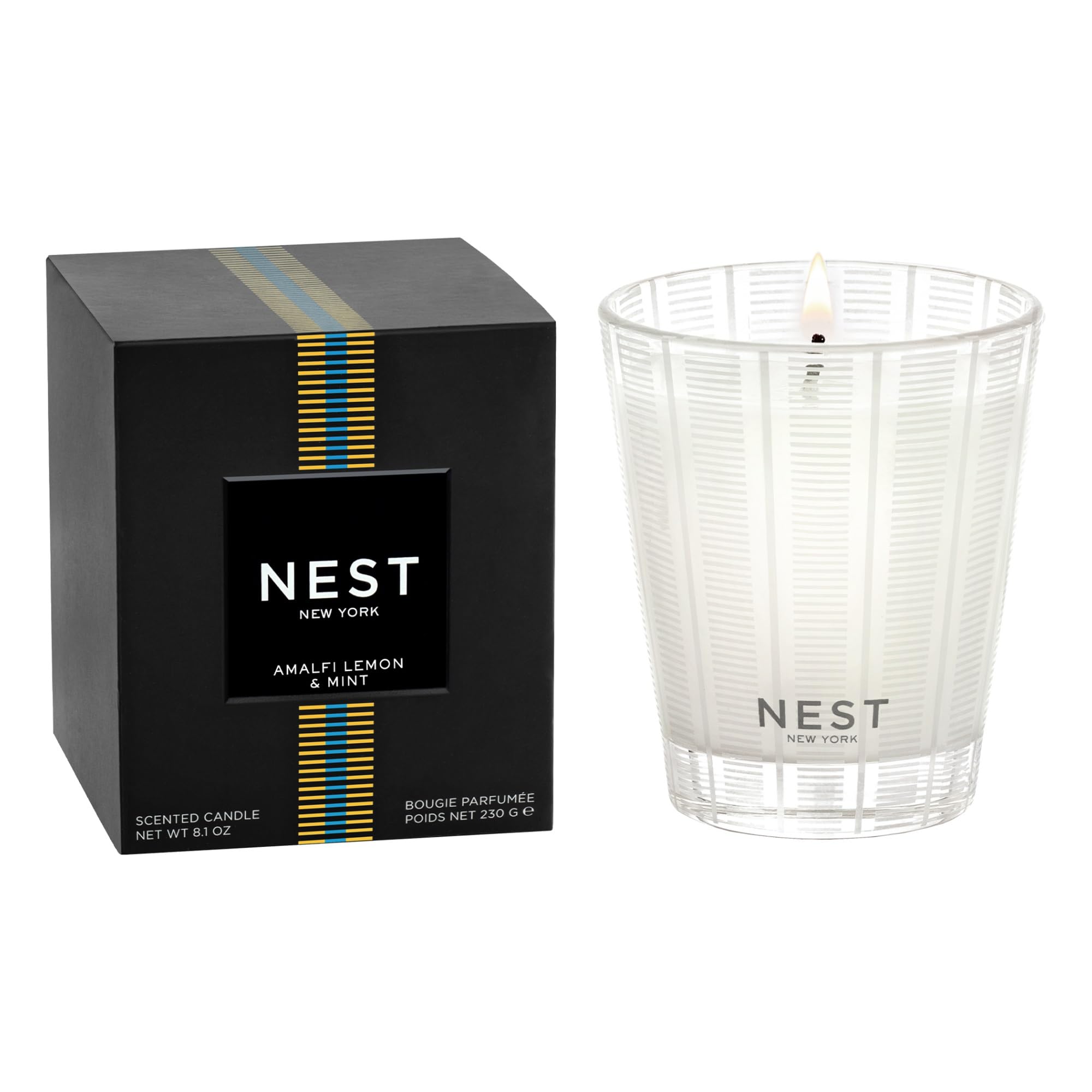 NEST New York Scented Candle, Amalfi Lemon & Mint, 8.1 oz, White, Up to 60-Hour Burn Time, Reusable Glass Vessel, Model NEST01
