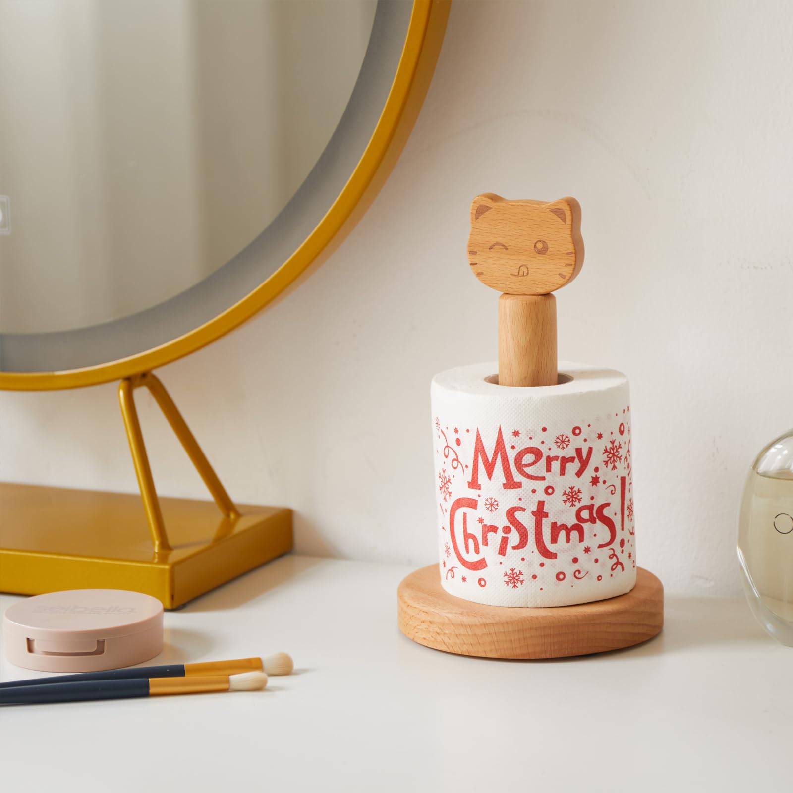 Vinoil Toilet Paper Holder Stand, Cute Cat Design Wooden Toilet Paper Holder Free Standing, Decorative Toilet Roll Holder, Scrun