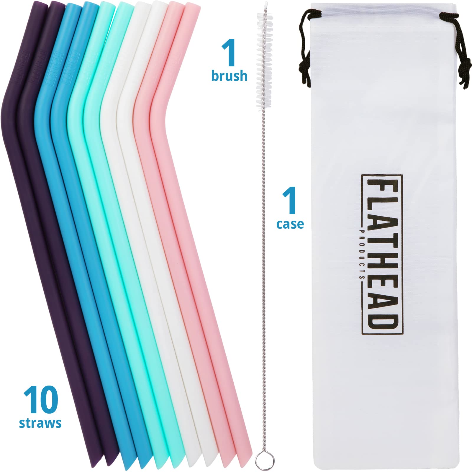 Bent Silicone Straws Reusable (Set Of 10) And Cleaning Brush - Flexible, Long, Color Bendy Reusable Straws For 20Oz-32Oz Tumbler