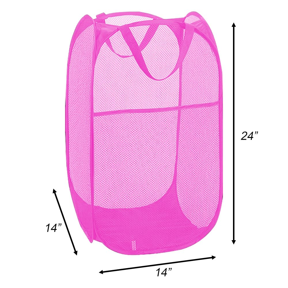 Larpur Popup Laundry Basket, Collapsible Portable Mesh Clothes Washing Laundry Hamper With Reinforced Carry Handles (Pink)