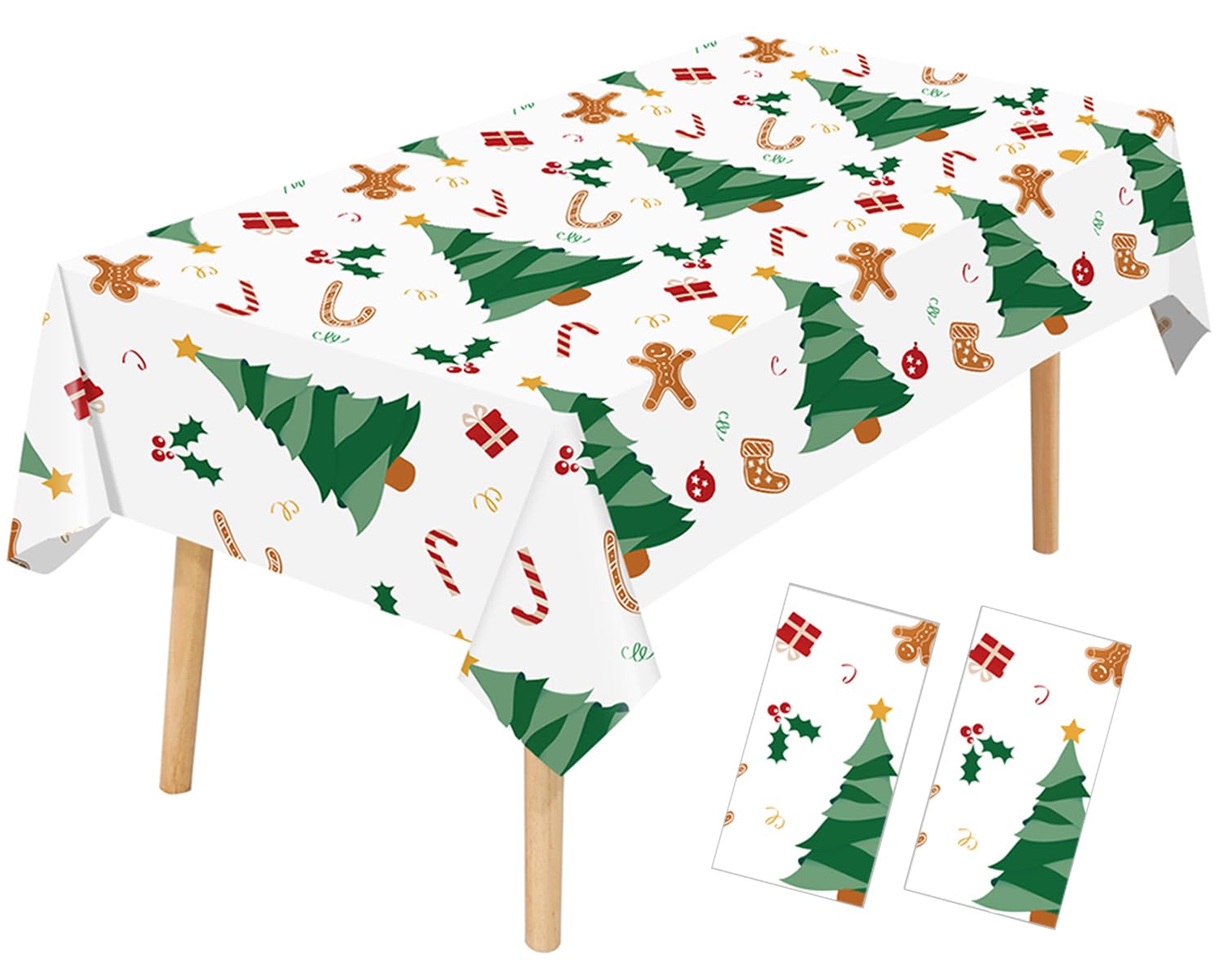 Siencooray Christmas Plastic Tablecloth, 2 Pack Green Tree Disposable Table Covers for Xmas, 54 x 108 Rectangle Decorations for 