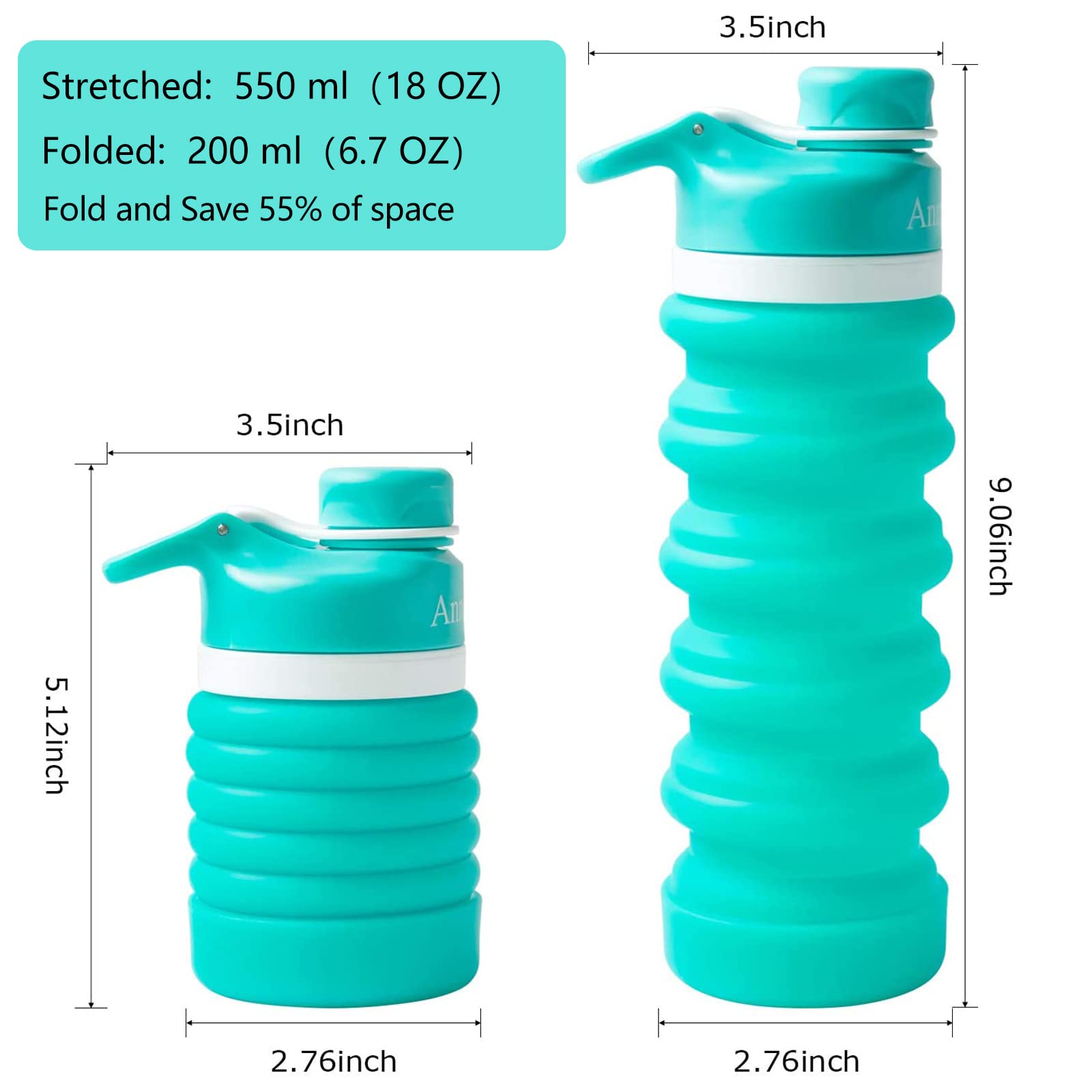 Collapsible Water Bottle Food-Grade Silicone Portable Leak Proof Travel Water Bottle  18oz (Aqua Blue)