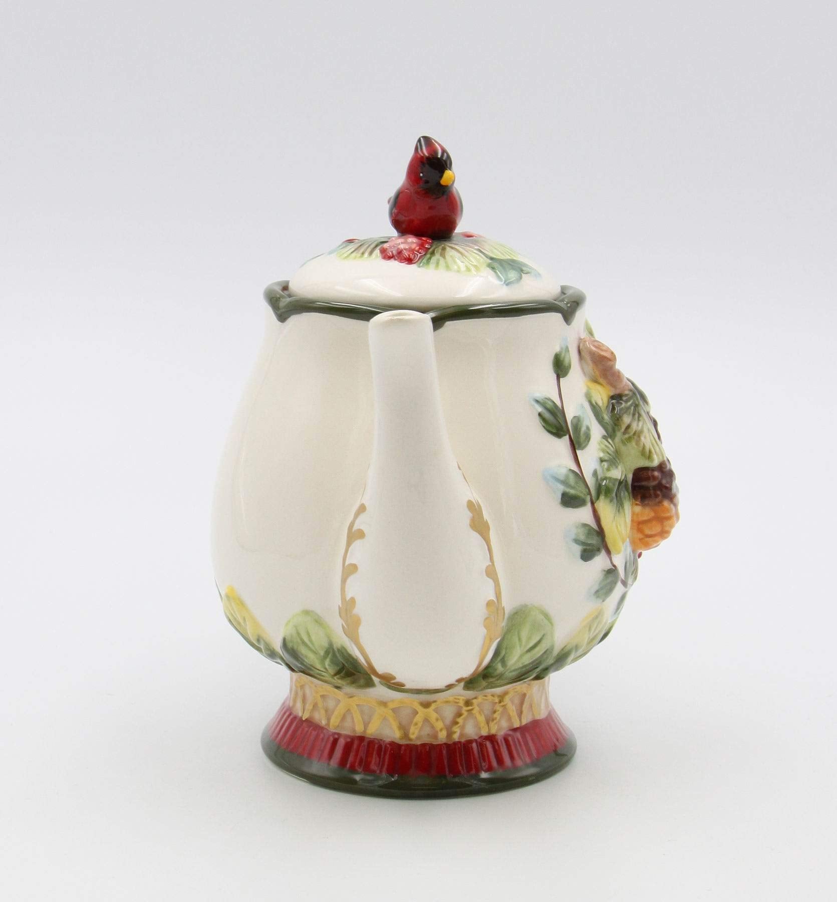 Fine Ceramic Evergreen Holiday Red Cardinal with Pine Cones Teapot  8-1/8'' L