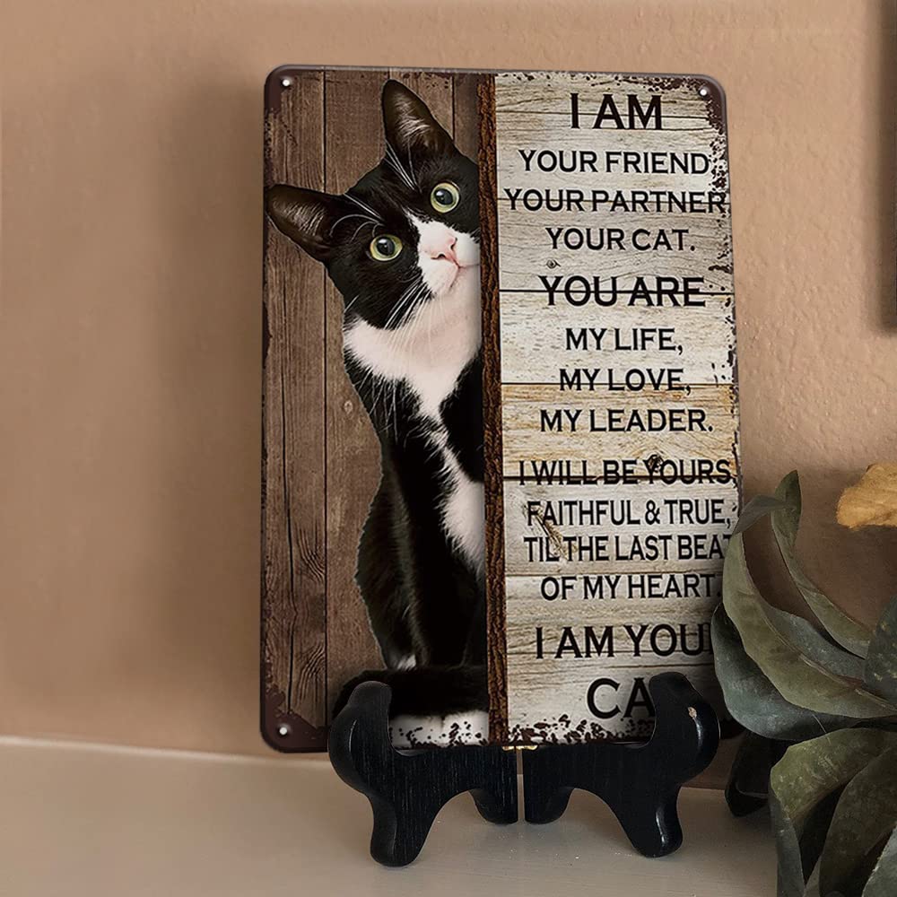 YOYI ART Tuxedo Cat Decor Sign - Vintage Metal Tin Wall Art, 8x12 inch, I Am Your Friend Cat Poster for Home and Cat Lovers