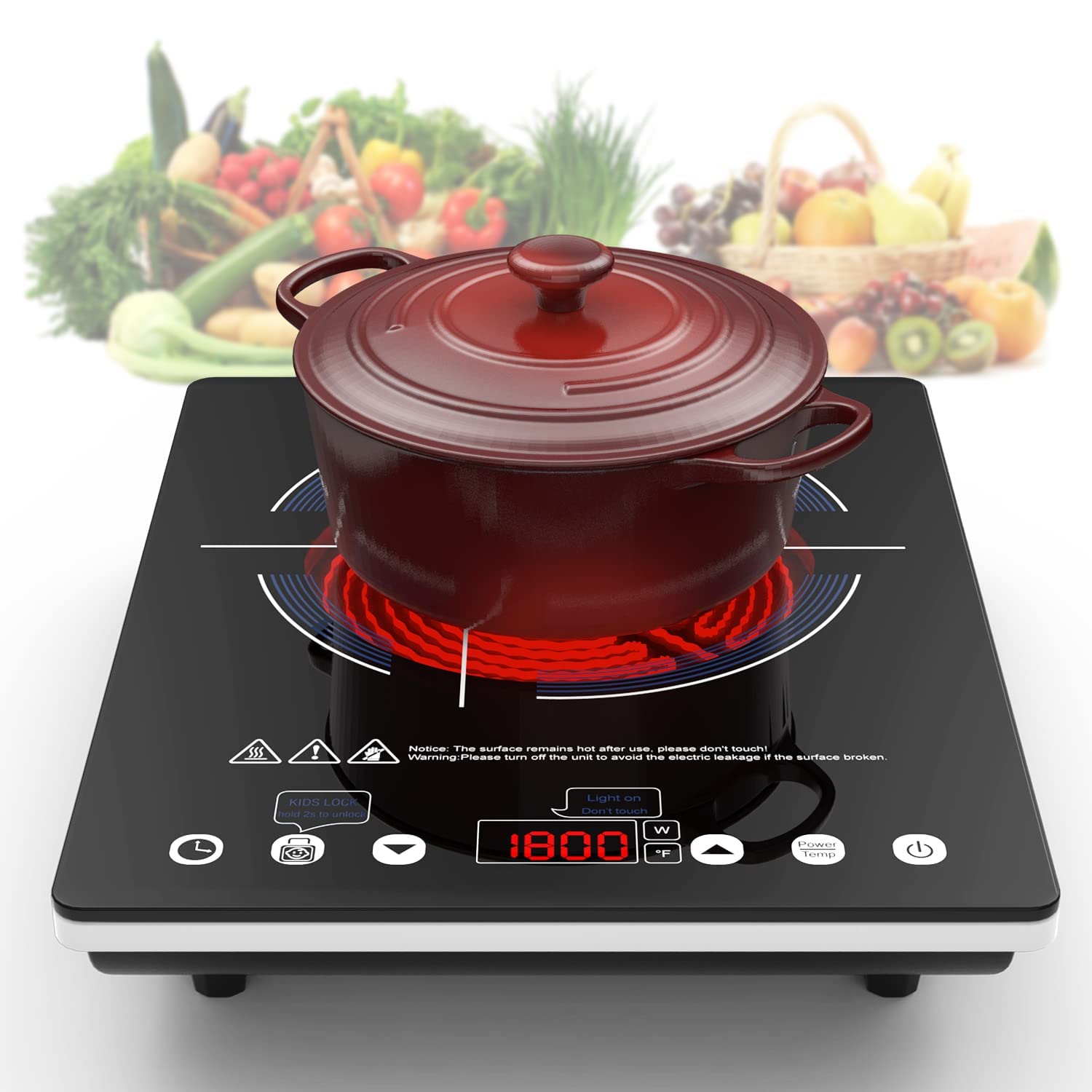 VBGK Electric Cooktop,110V Electric Stove Top,Single Burner LED Touch Control,9 Power Levels, Kids Lock &Timer,Overheat Protecti