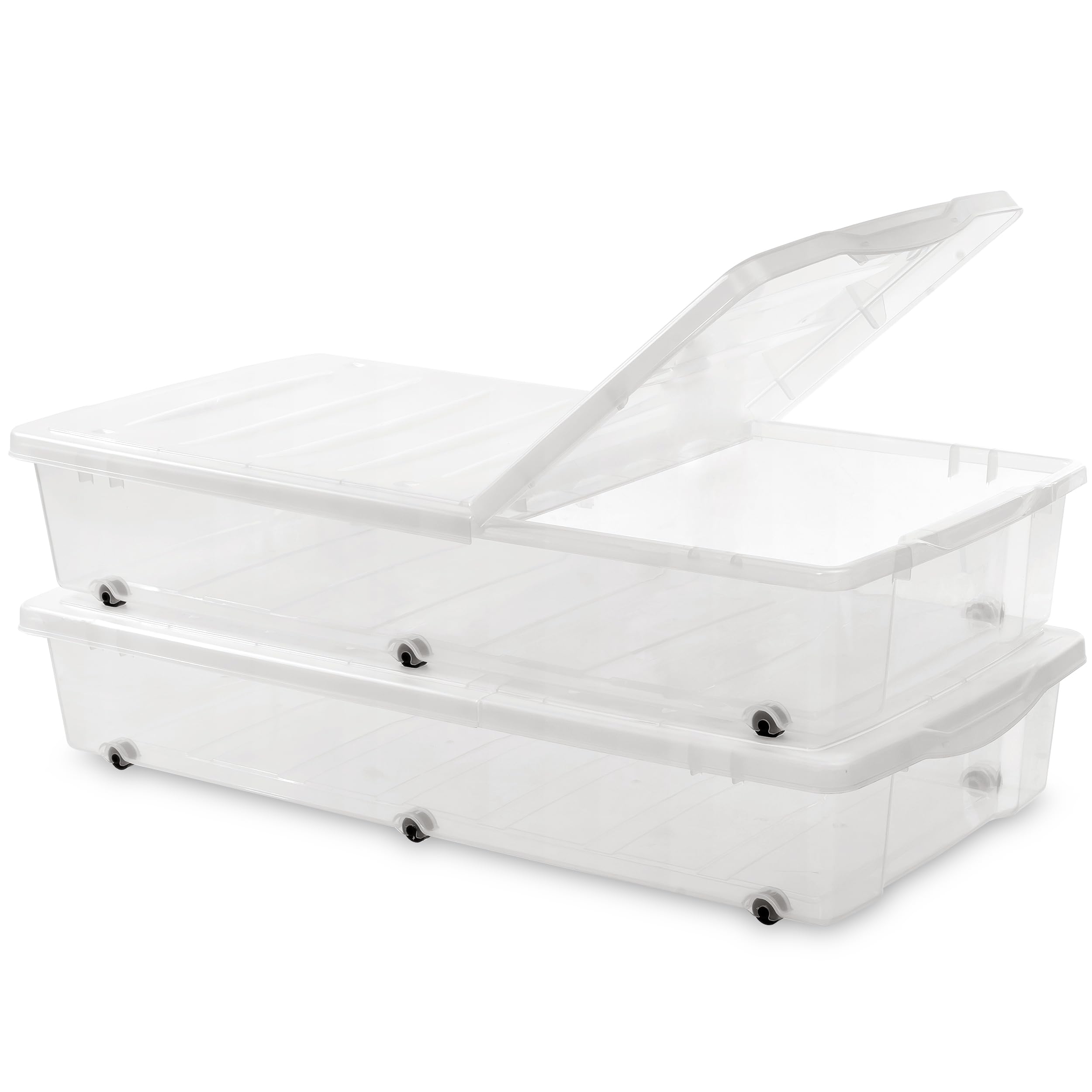 Citylife 2 Packs 57 QT Plastic Under Bed Storage Bins with Double-opening Lids Clear Underbed Storage Containers with Wheels for