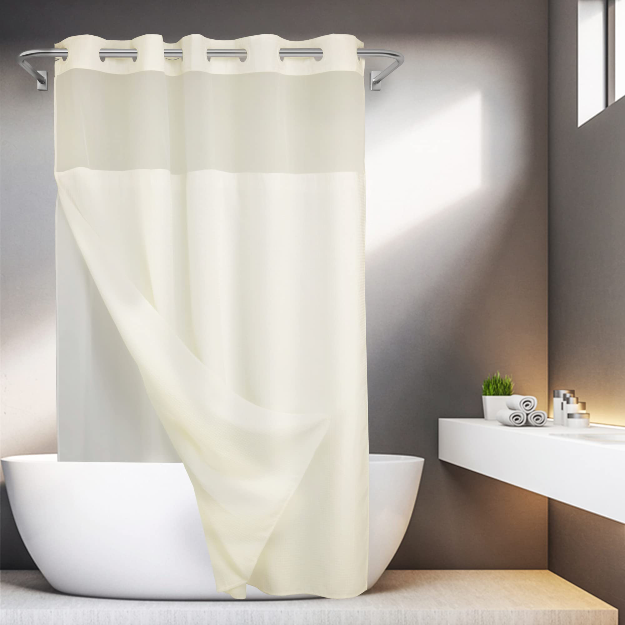 No Hooks Required Waffle Weave Shower Curtain With Snap In Liner - 71W X 74H,Hotel Grade,Spa Like Bath Curtain,Cream
