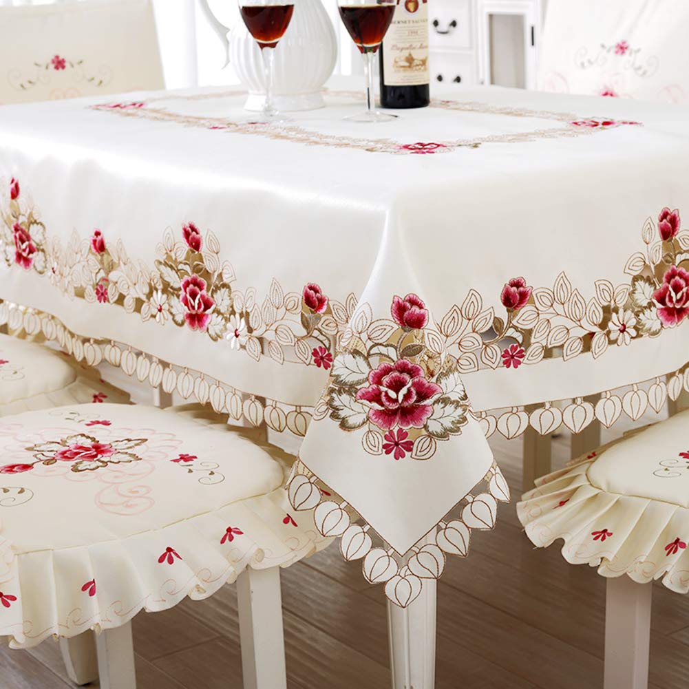 Lelehome 58 Inch X 86 Inch Oblong Flower Embroidered Tablecloth, Lace Cream Beige Table Cloth Cover For Dining Kitchen Party Wed