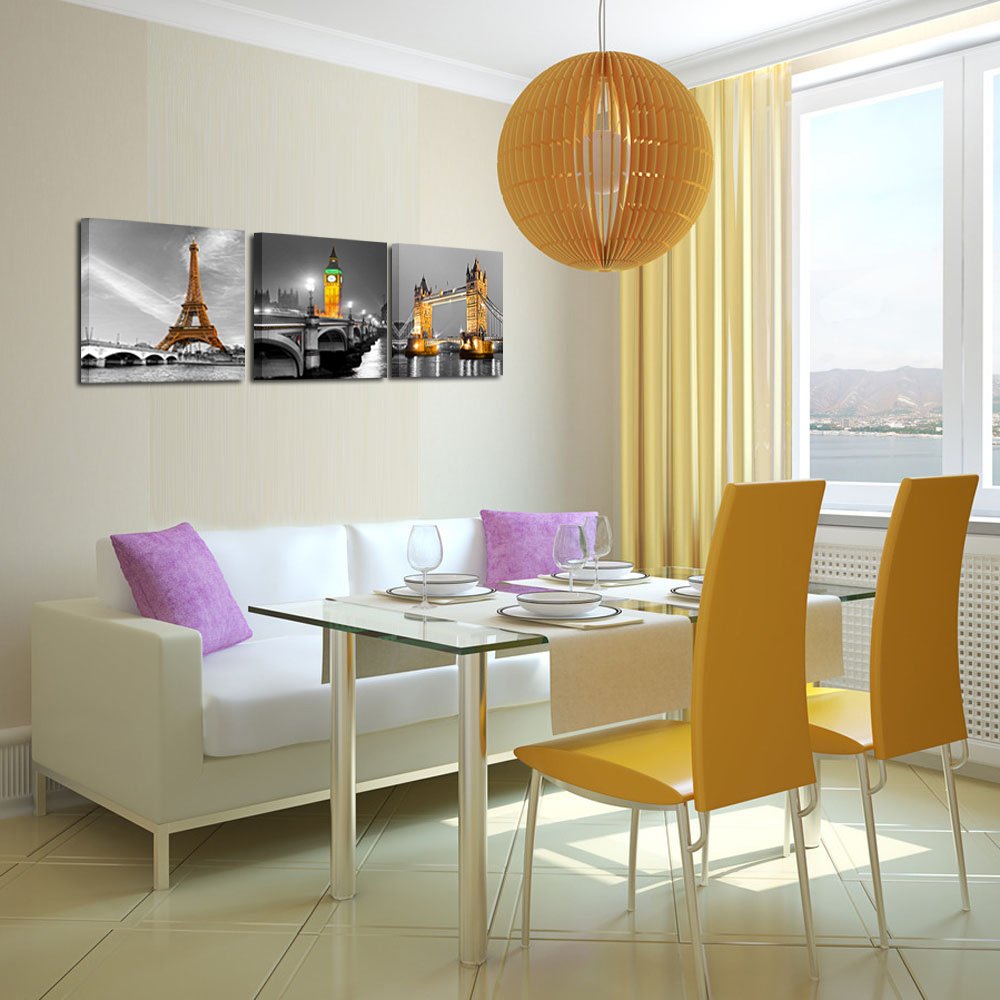 Kreative Arts - 3 Panel Paris Effiel Tower Canvas Painting Picture City Building London Bridge Big Ben Landscape Wall Art Modern