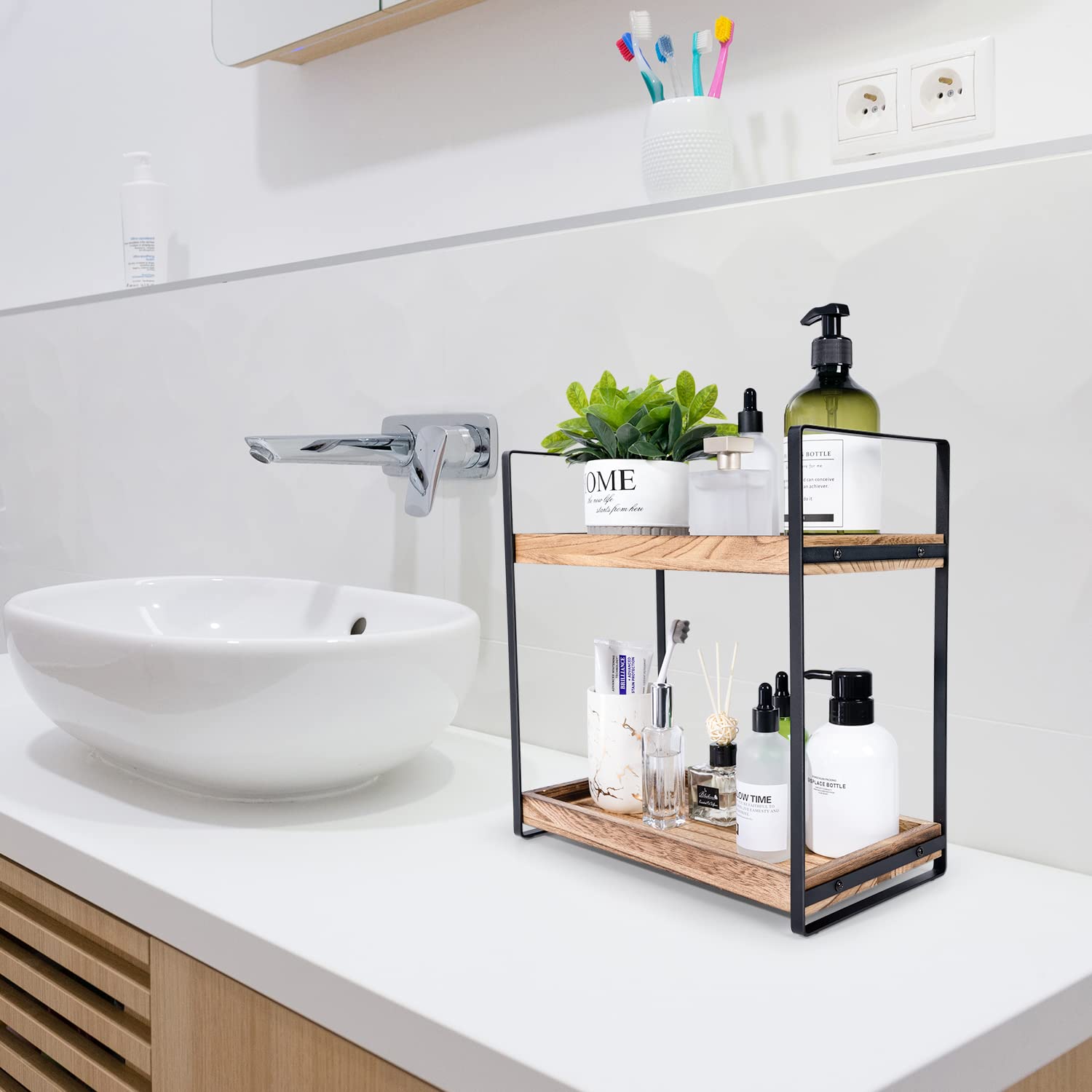 Giftacity 2-Tier Countertop Organizer For Bathroom Counter Wood Bathroom Counter Organizers Shelf Cosmetic Storage, Standing Van
