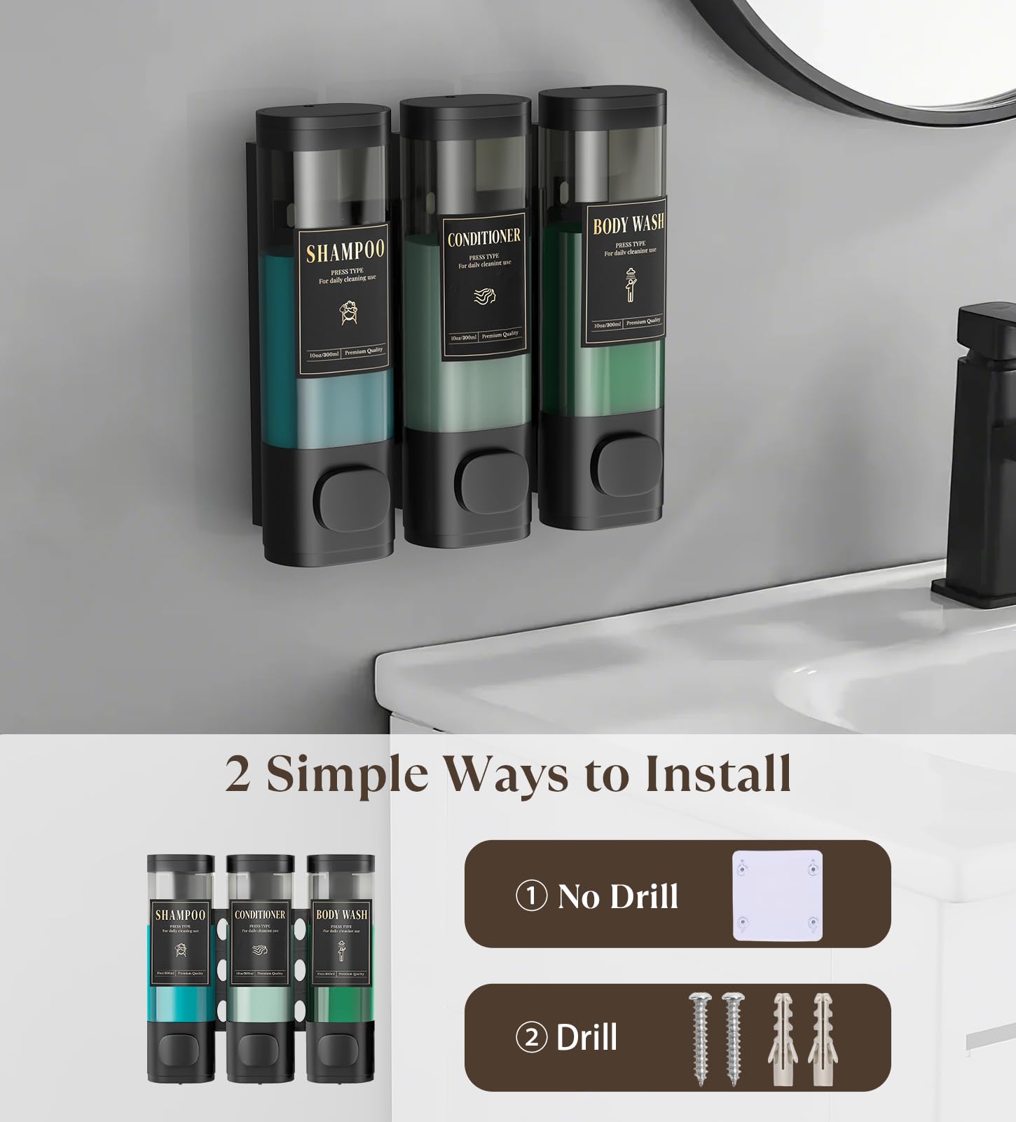 Luxspire Shampoo And Conditioner Dispenser, No Drill Wall Mounted Shower Soap Dispenser 3 Chamber With Waterproof Labels, Easy R