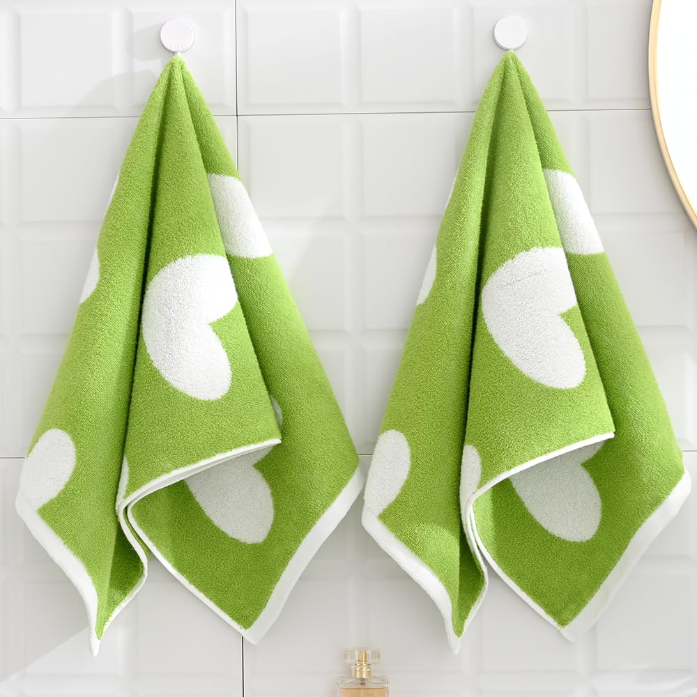 Sense Gnosis Green Hand Towel Heart Pattern 100% Cotton Absorbent Soft 2 Pc Hand Towel Set For Bathroom 13 X 29 Inch
