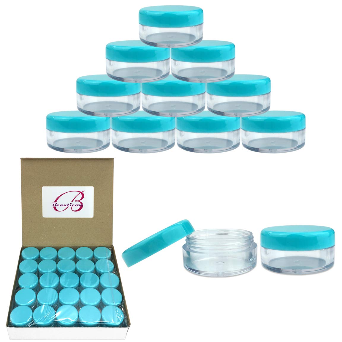 (Quantity: 50 Pieces) Beauticom 5G/5Ml Round Clear Jars With Teal Sky Blue Lids For Scrubs, Oils, Toner, Salves, Creams, Lotions