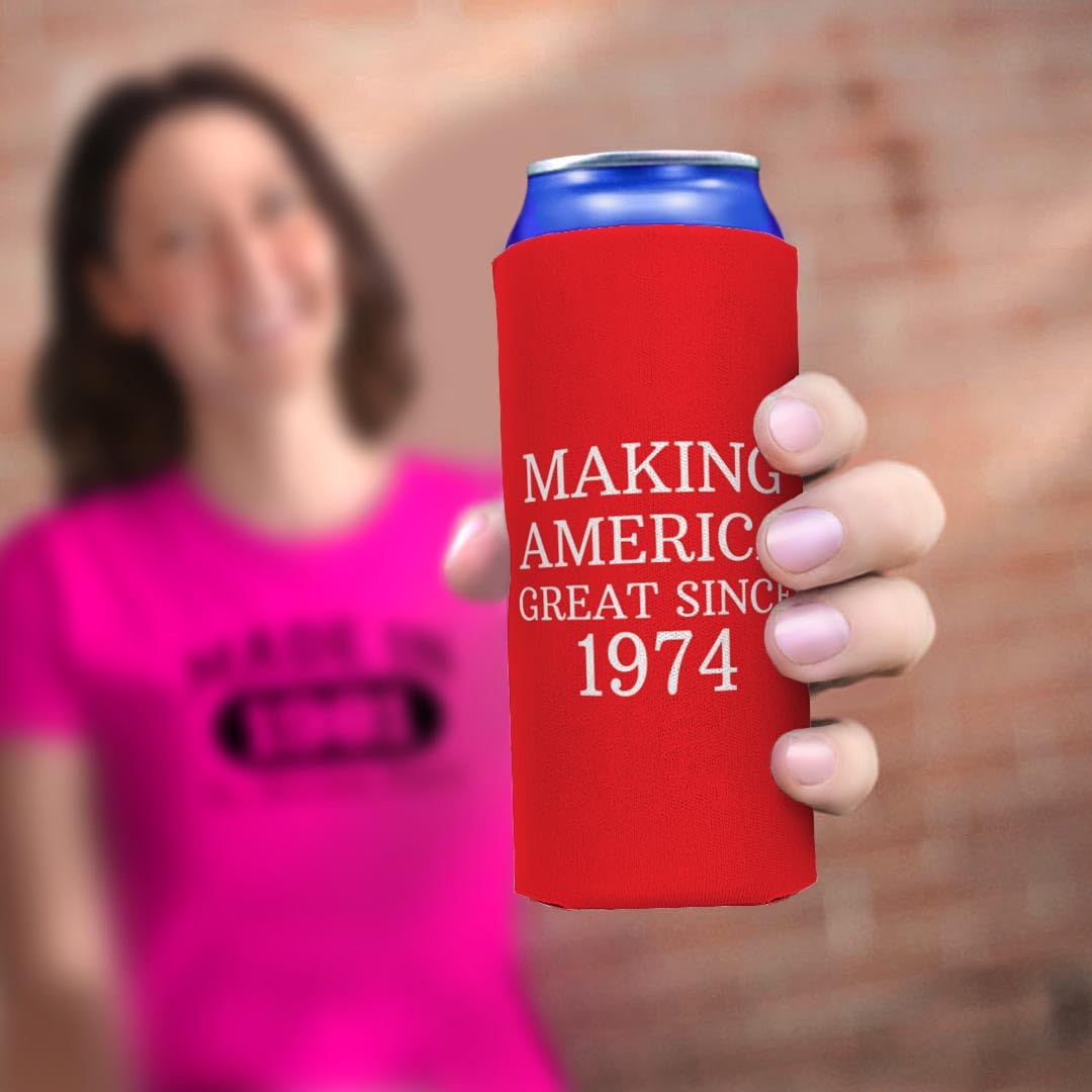 50Th Birthday Coolie Making America Great Since 1974 12-Pack Ultra Slim Can Coolies Red