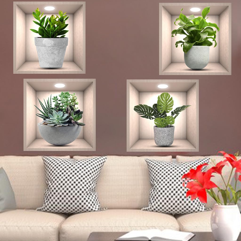 Imagitek 4 Pack 3D Green Plants Wall Stickers Botanical Plants Wall Decals For Bedroom Living Room Kitchen