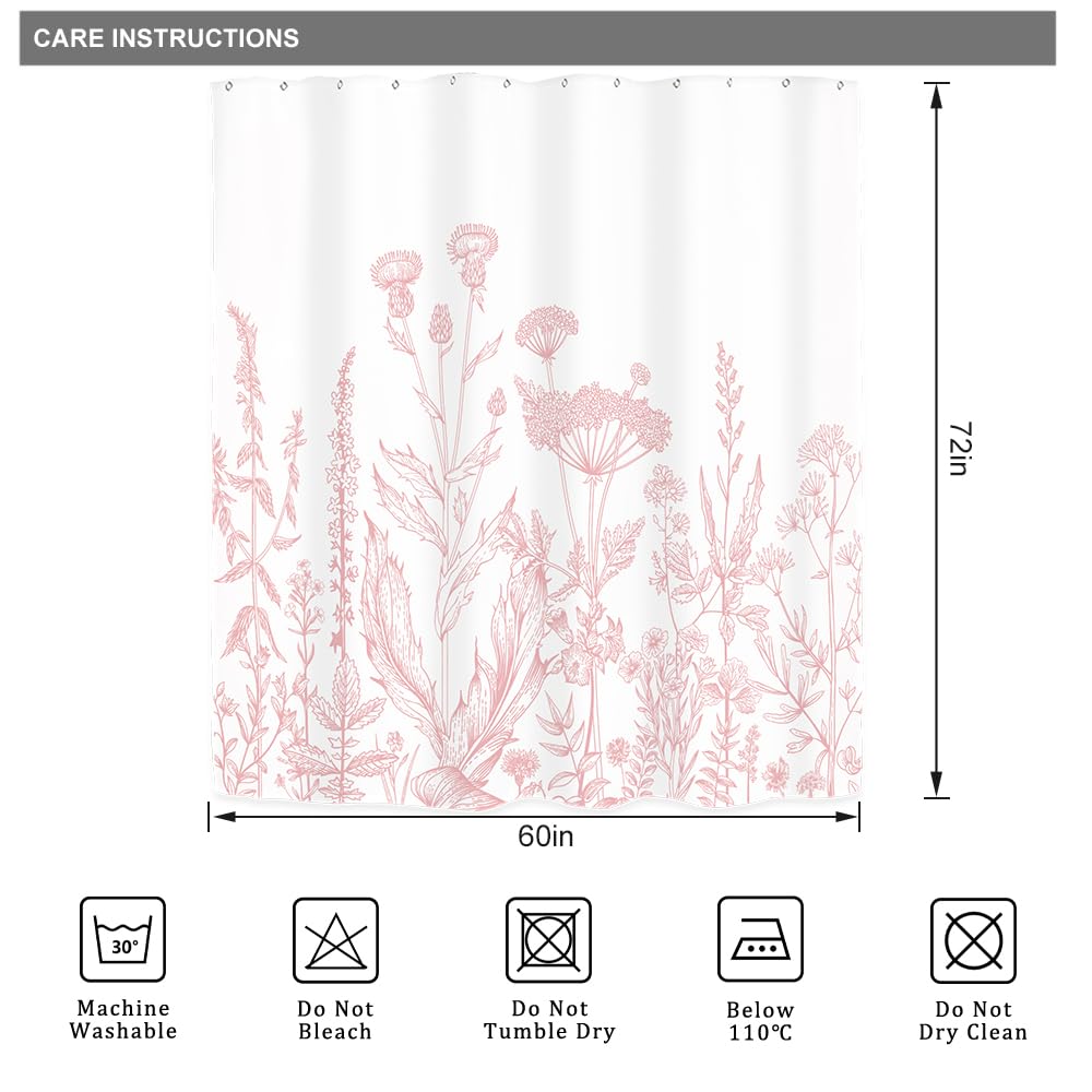 Riyidecor Pink Floral Wildflower Shower Curtain For Bathroom Decor 60Wx72H Girls Rustic Flower Botanical Farm Plant Leaves Herbs