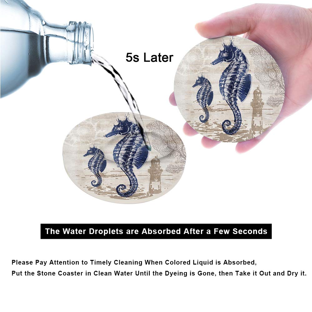 Absorbent Coasters Natural Ceramic Thirsty Stone Navy Blue Octopus Seahorse Crab Turtle Ocean Theme Coaster Set for Drinks Cork Backing (sea Animals)