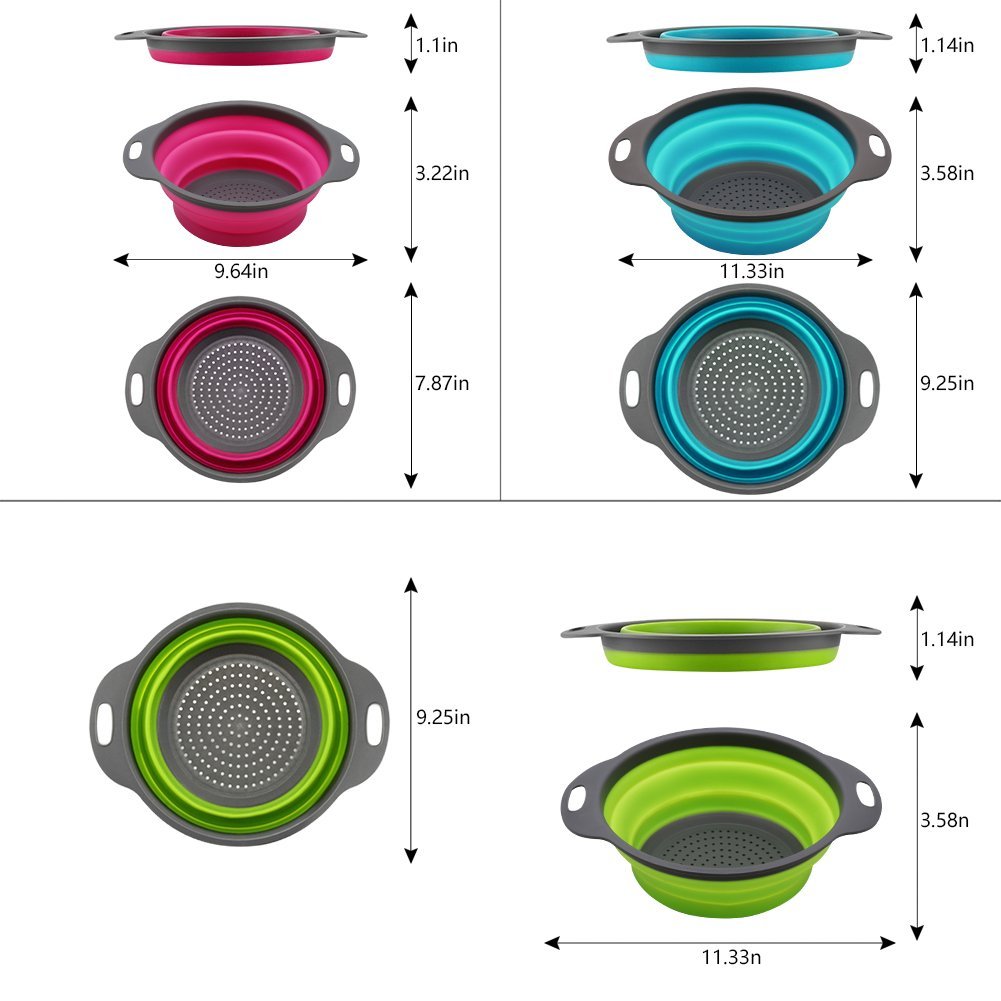Qimh Collapsible Colander Set Of 3 Round Silicone Kitchen Strainer Set - 2 Pcs 4 Quart And 1 Pcs 2 Quart- Perfect For Draining P