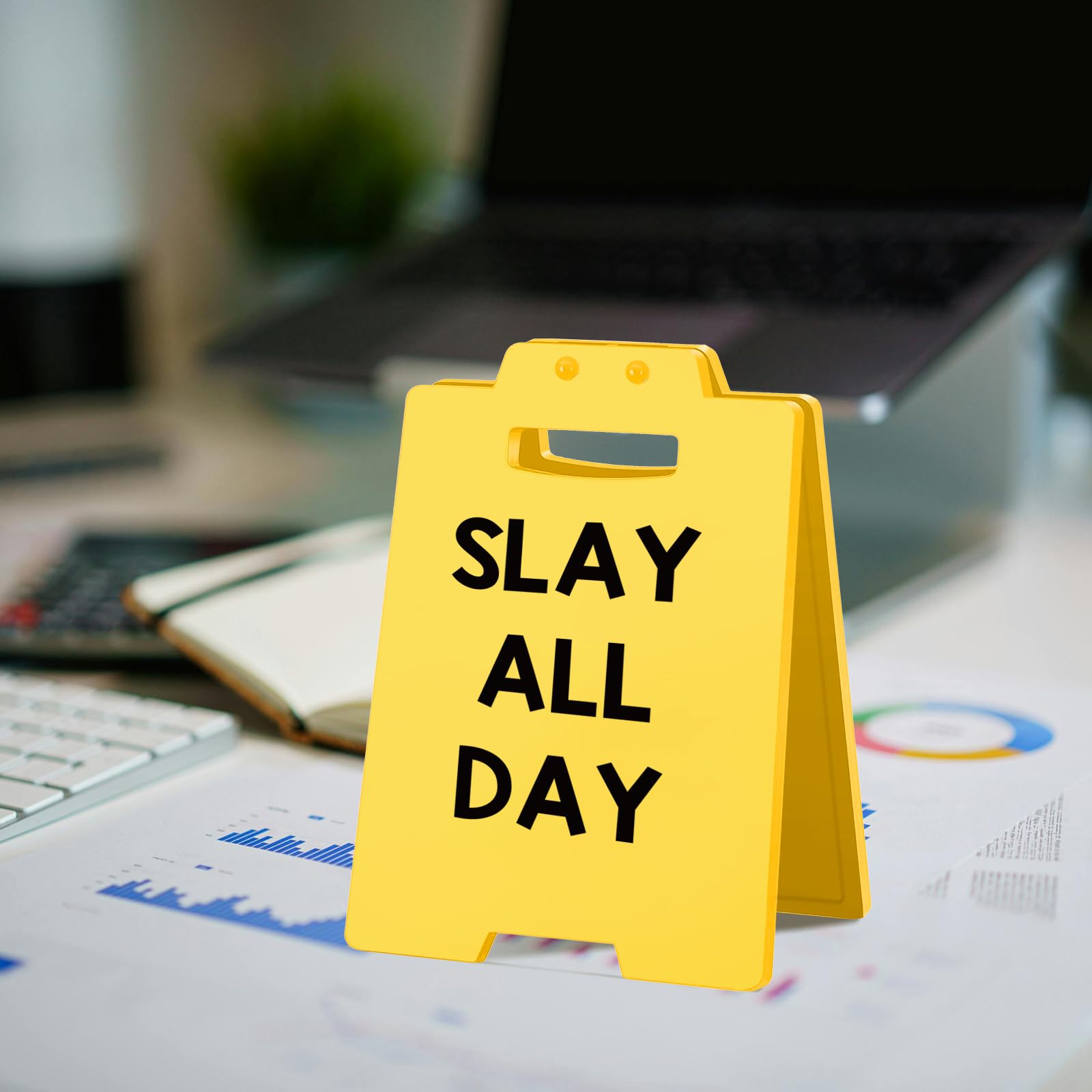 SLAY ALL DAY Funny Desk Sign - Cute Yellow Acrylic Decor for Office, Vanity, Dorm or Room - Motivational Gift for Women, Friends