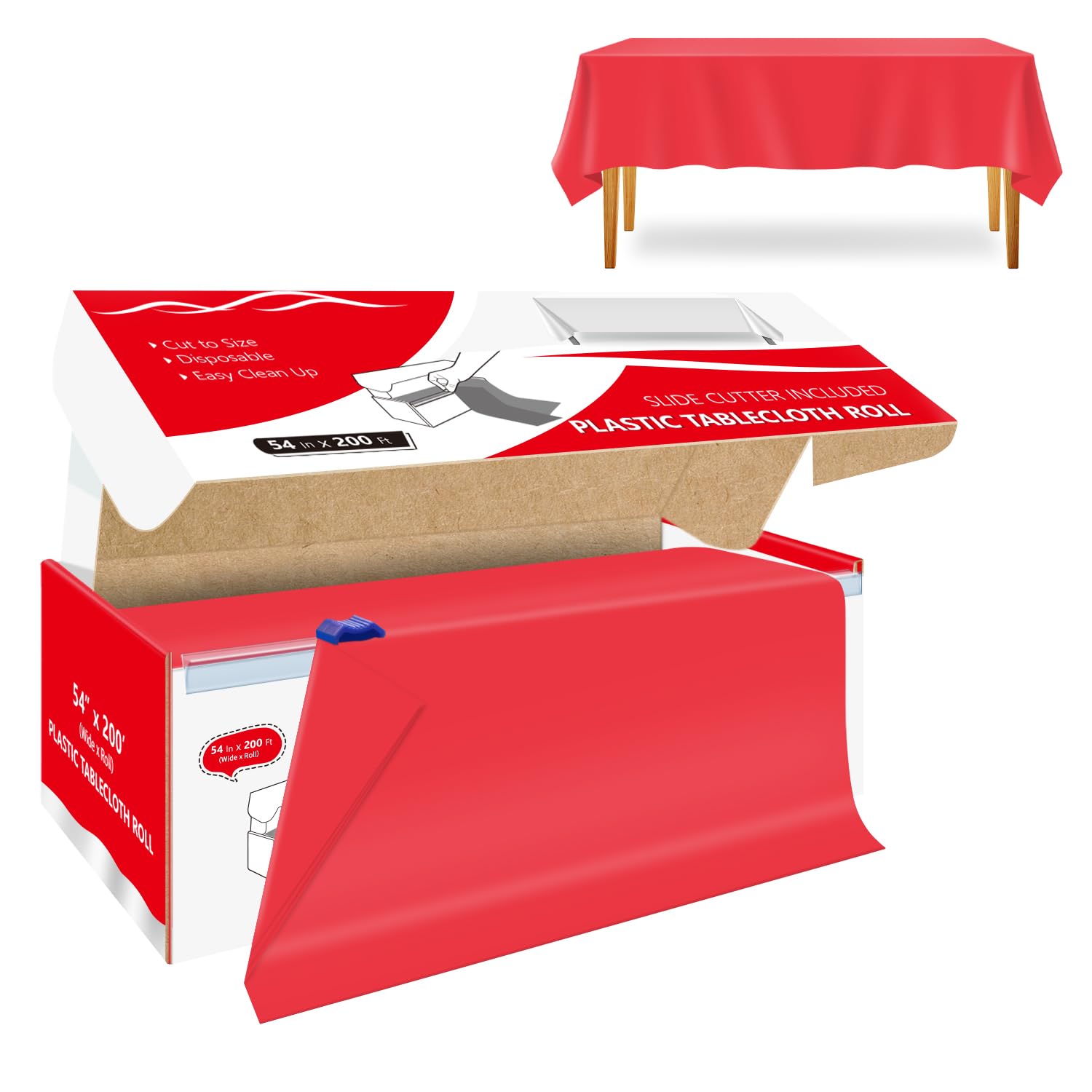 Xnluothsk 54 Inch x 200 Feet Red Plastic Tablecloth Roll Cut to Size Disposable Table Cover with Cutter Box Plastic Table Cloth 