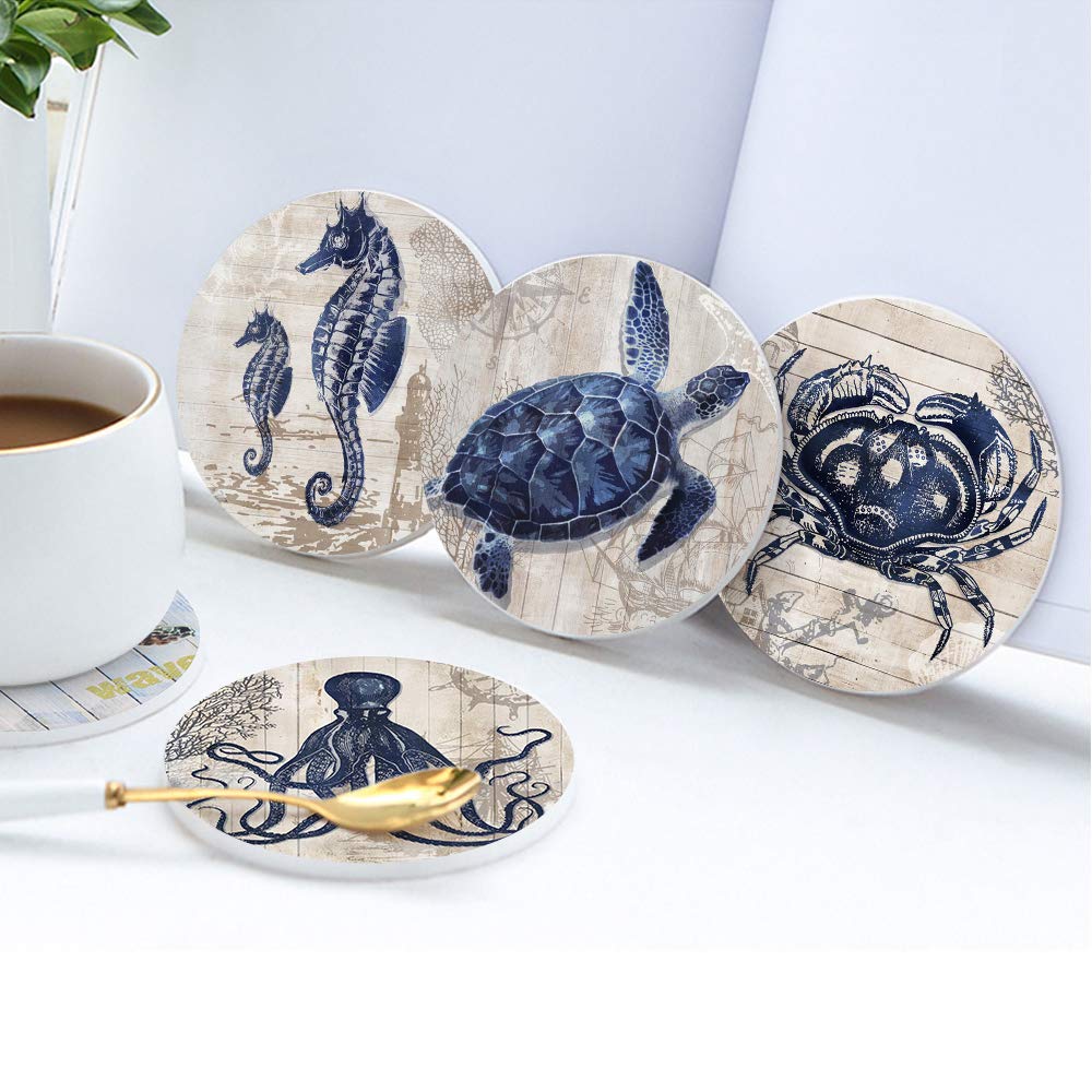 Absorbent Coasters Natural Ceramic Thirsty Stone Navy Blue Octopus Seahorse Crab Turtle Ocean Theme Coaster Set for Drinks Cork Backing (sea Animals)