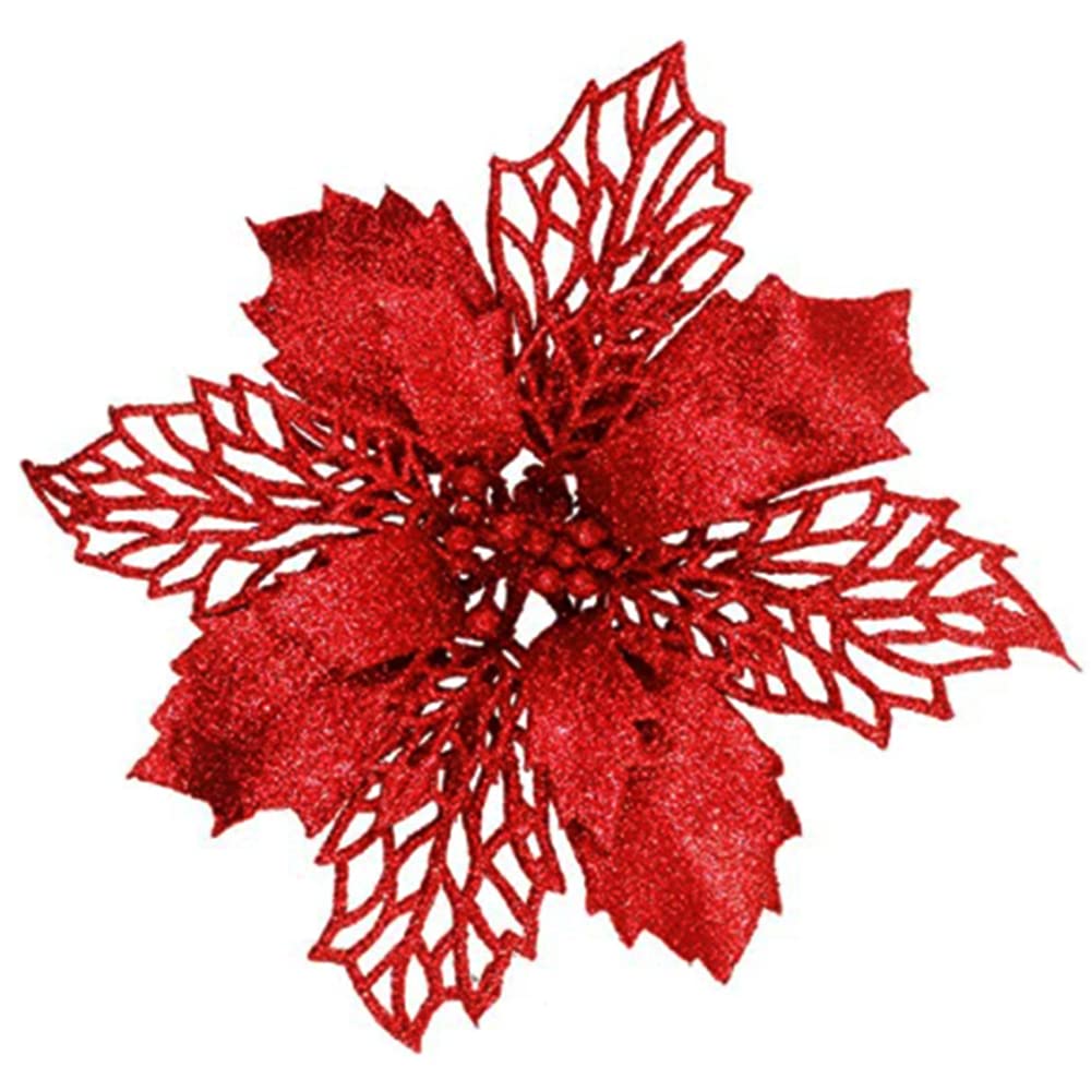 YYCRAFT Glitter Poinsettia Flowers 6 Inch for Christmas Tree Ornaments Christmas Decorations-12pcs,Red