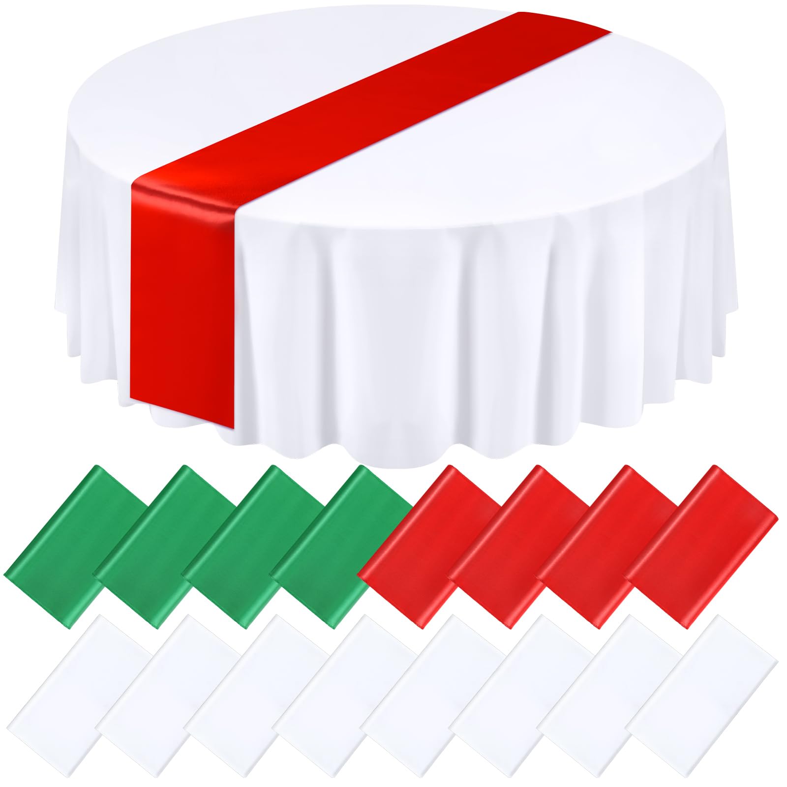 Tudomro 16 Pcs White Red and Green Round Plastic Tablecloth and Satin Table Runner Set 84 Inch Round Covers 12 x 108 Inch Table 