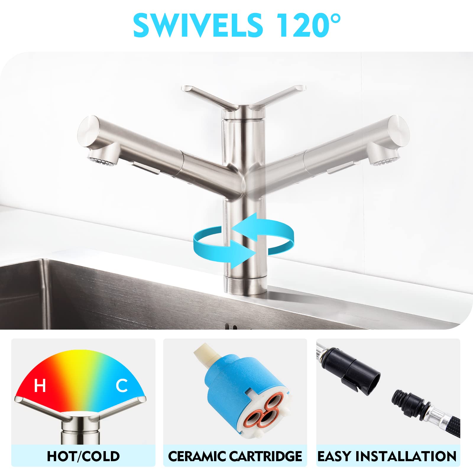 Crea Kitchen Faucets, Bar Sink Faucet, Kitchen Sink Faucet Pull Out Brushed Nickel Single Handle Prep Wet Commercial Modern Rv L