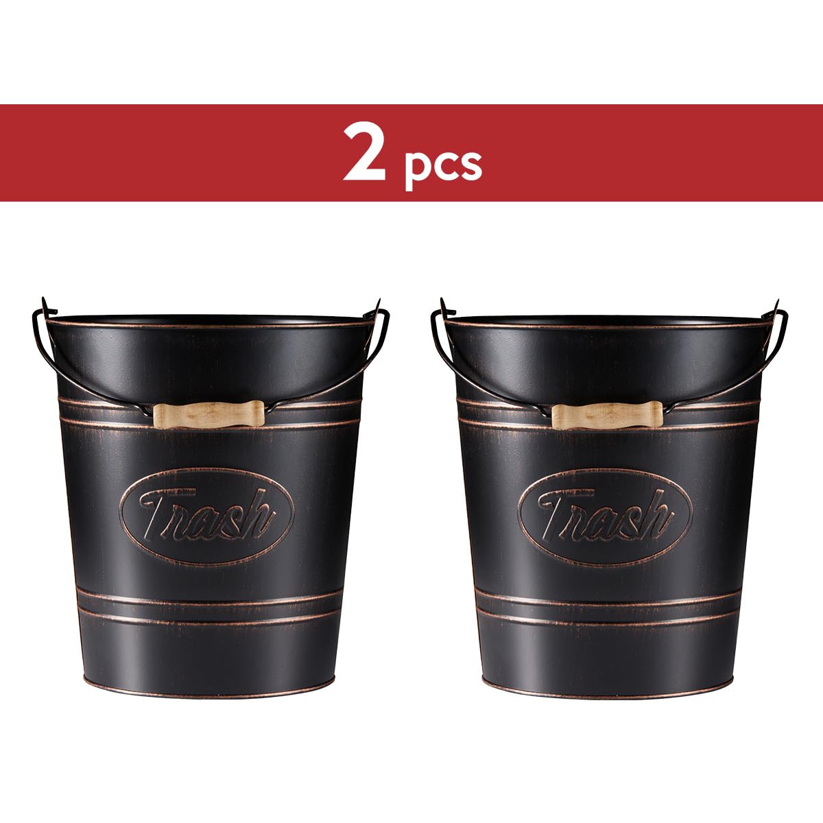 Pack 2, Rustic Farmhouse Bathroom Trash Can, Modern Country Style Galvanized Farm Metal Kitchen Trash Bucket, Large Vintage Wast
