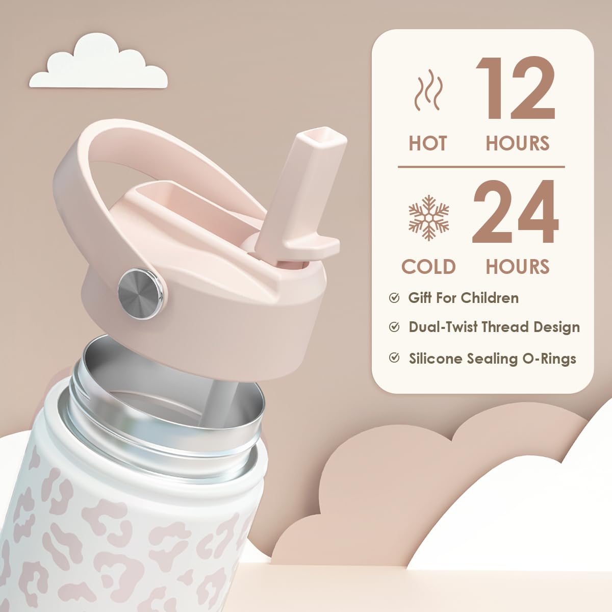 Beige Leopard Print Kids Water Bottle with Straw Lid 12oz Insulated Stainless Steel, Travel Tumbler, Gifts for Girls, Birthday,
