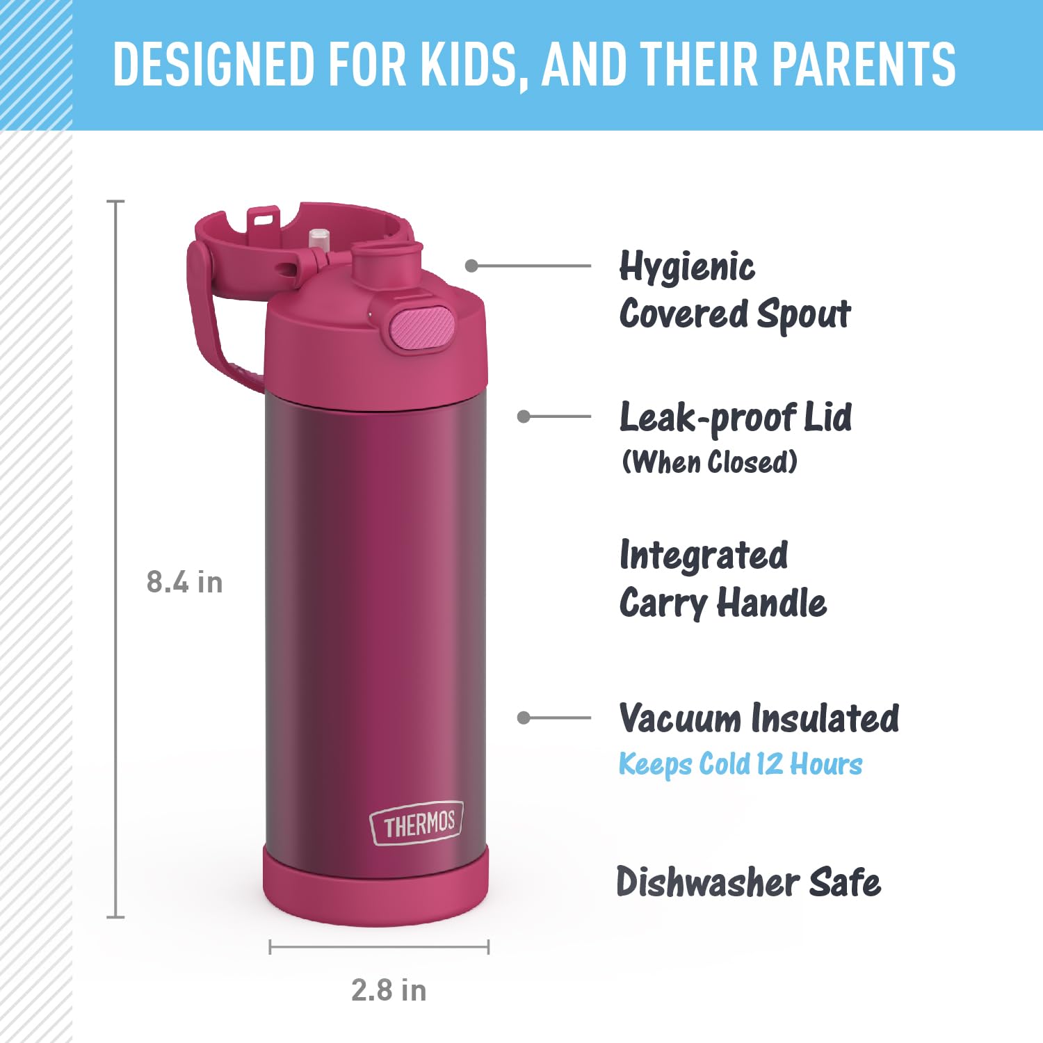 Thermos Funtainer 16 Ounce Stainless Steel Vacuum Insulated Bottle With Wide Spout Lid, Dark Pink