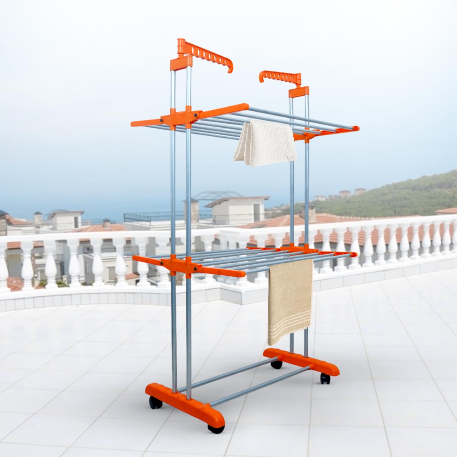 Bonkaso 2-Layer Heavy Duty Foldable Clothes Drying Stand With Wheels | 14 Hanger Rods, Rust-Proof Rack For Balcony, Indoor & Out