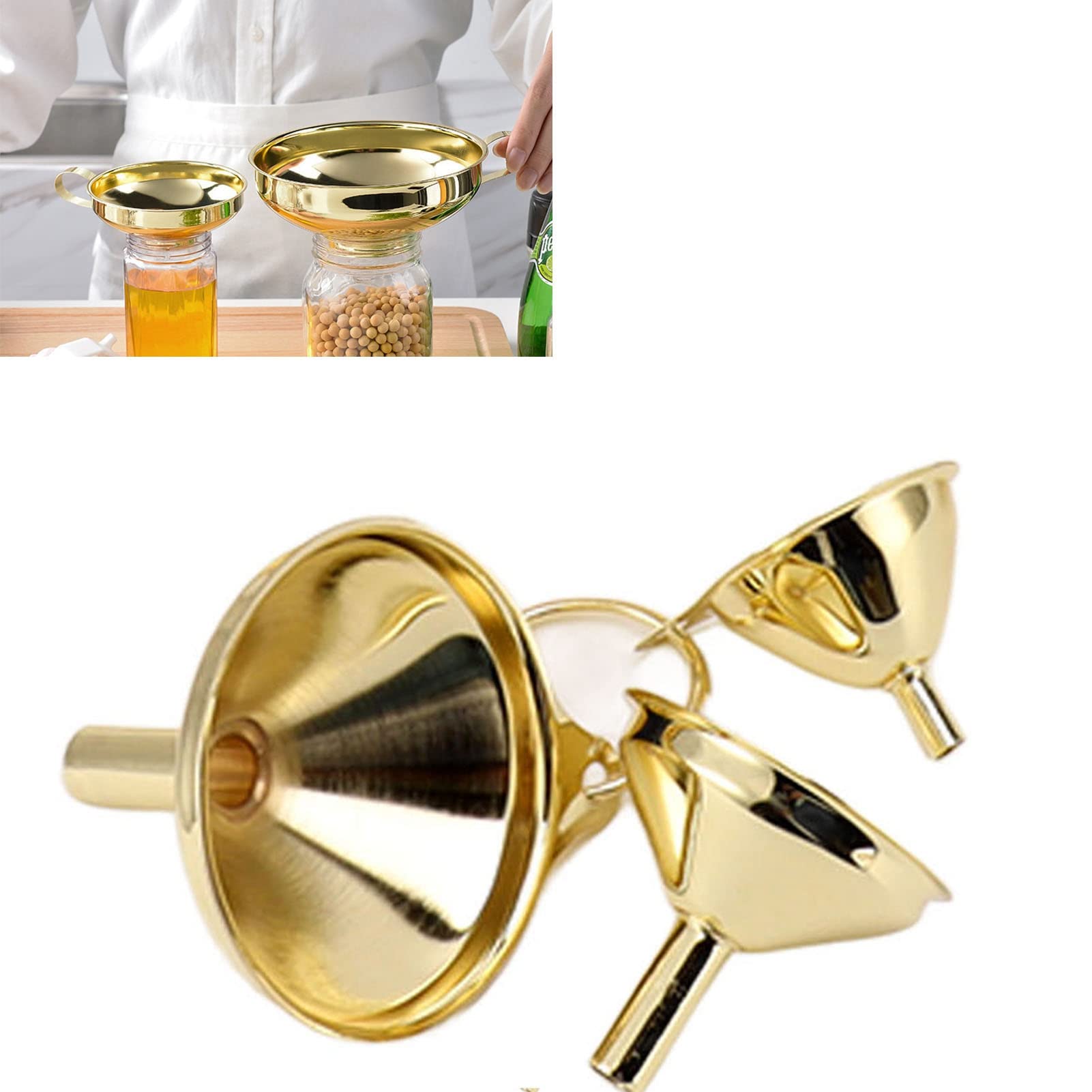 Jiawu Stainless Steel Funnel Set - 3 Pack Gold Mini Kitchen Gadgets for Liquid Transfer & Cooking, Model Jiawuni6ad7bpw9