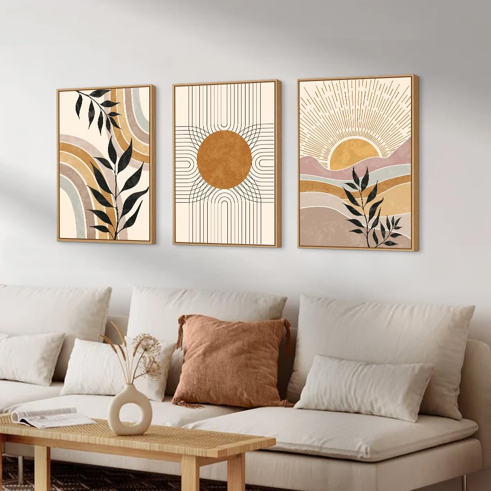 Hpinub Boho Framed Canvas Wall Art Prints, Set Of 3 Mid Century Modern Wall Decor, Nature Plants Desert Sun Art Paintings, Bohem