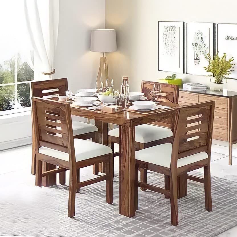 Pc Wood Sheesham Wood 4 Seater Dining Table Set For Living Room Dining Table With 4 Chairs Furniture For Home (Natural Finish)
