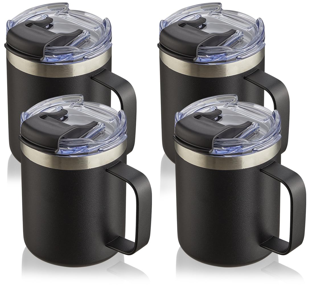 ALOUFEA 12oz Stainless Steel Insulated Coffee Mug with Handle, Double Wall Vacuum Tumbler Cup with Fliping Lid, Black, 4 Pack