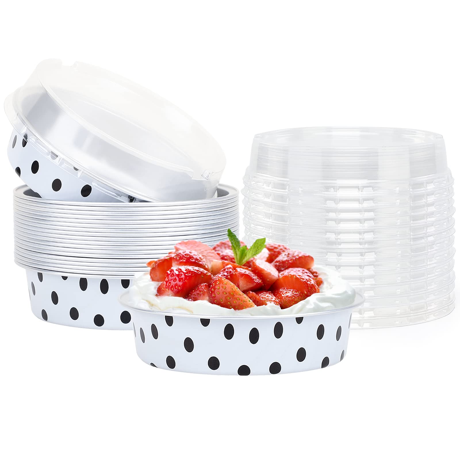 Beasea Mini Tart Pans With Lids 20 Pack, 4    8Oz Disposable Aluminum Baking Foil Tins Round Small White Black Dot Container For