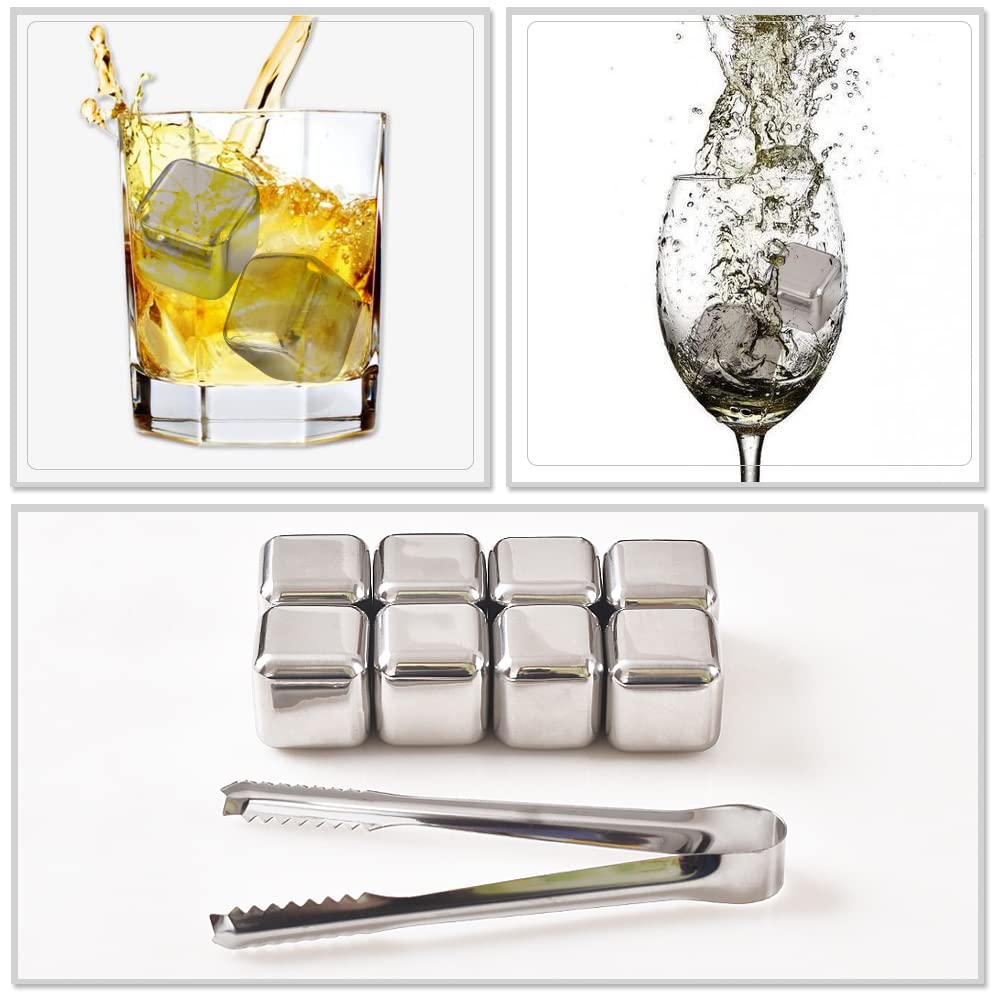 Newk Stainless Steel Reusable Ice cubes Stones  8PcS Ice cubes Set with Head Tongs and Ice cube Trays(Set of 8)