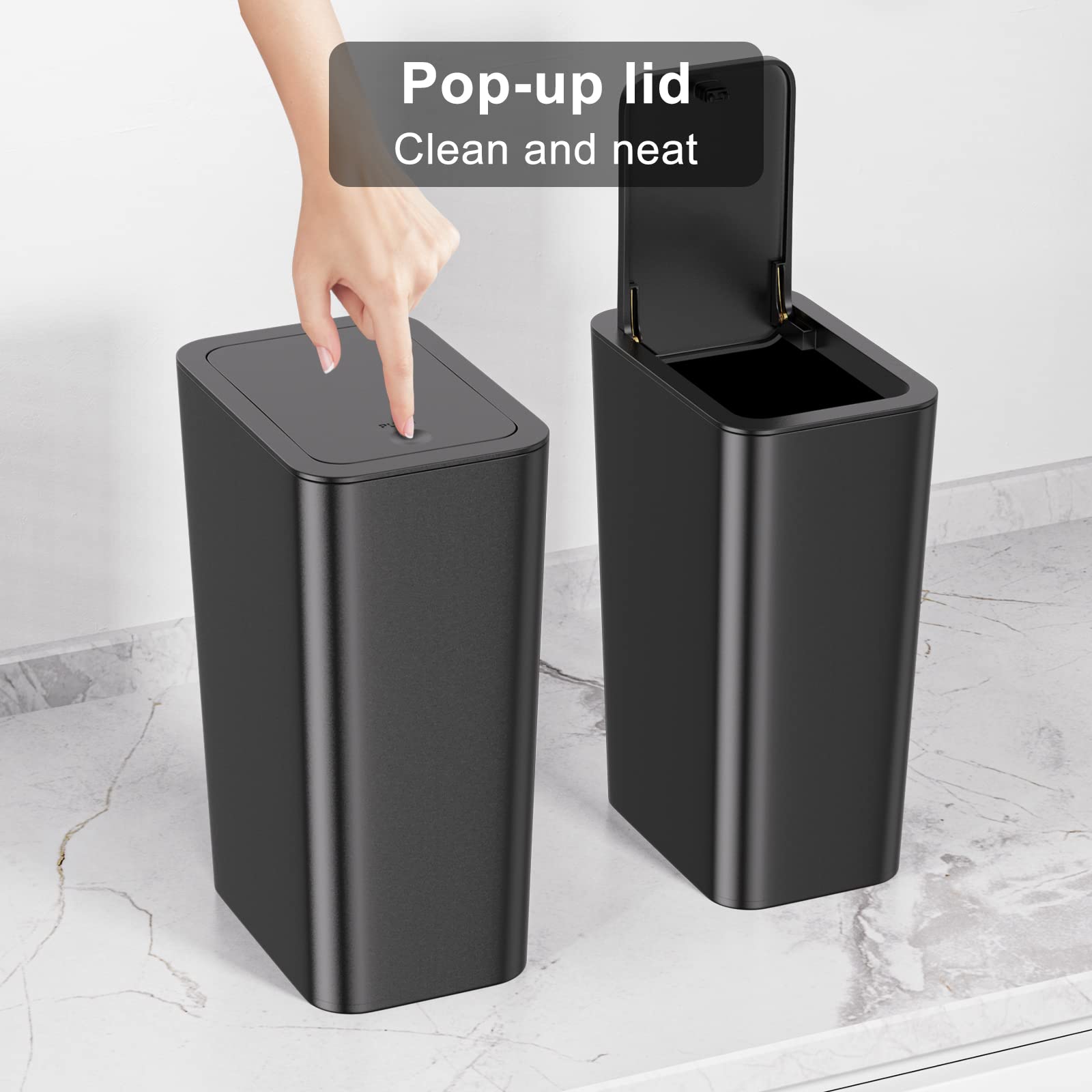 N. Netdot Bathroom Trash Can With Lid 3 Pack Set, 2 Packs 3.4 Gal 13L Slim Kitchen Trash Can And 1 Pack 2.6Gal 10L Garbage Can,