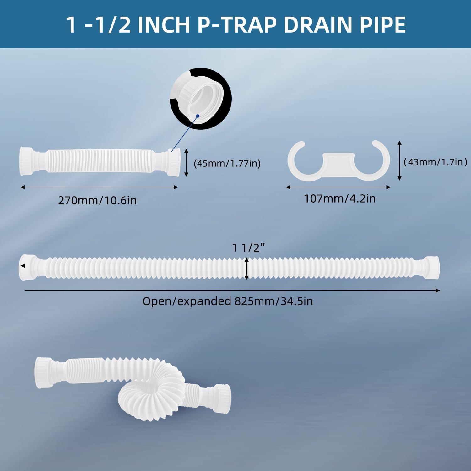 iFealClear P-Trap Pipe - Flexible Sink Drain with 4 Sealing Rings, 11"-34.5" Expandable, White Plastic