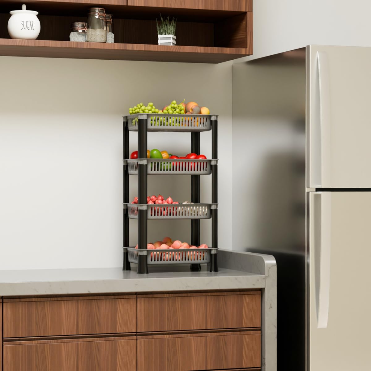 Biltoxi Kitchen Racks Plastic, Vegetable Basket Stand, Plastic Rack Office, Fruits Onion Stand for Kitchen (Grey Color, 4 Layer)