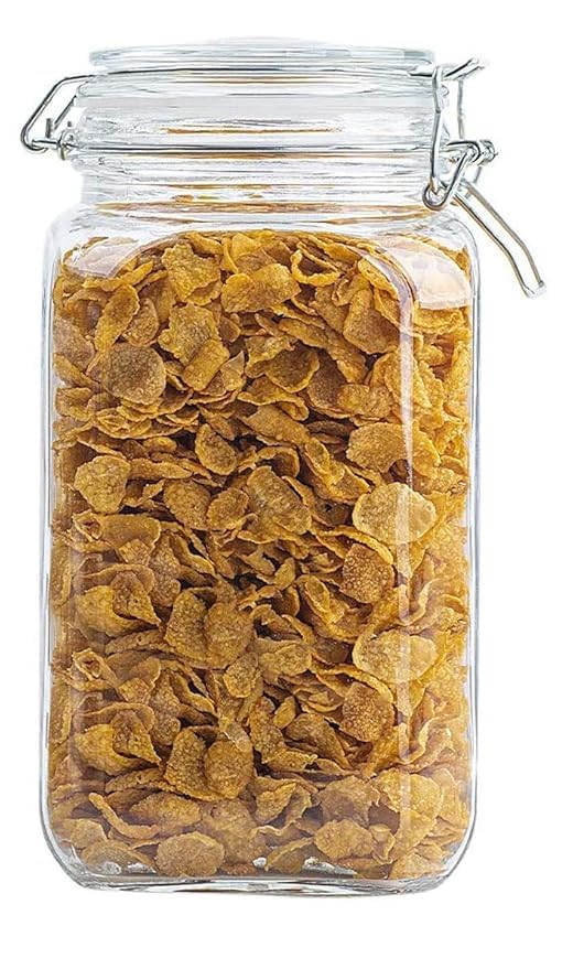Gretzomall Glass Square Jar With Airtight Clamp Lid 1200Ml Large Wide Mouth Kitchen Storage Jar For Rice, Snacks, Coffee, Tea [ 