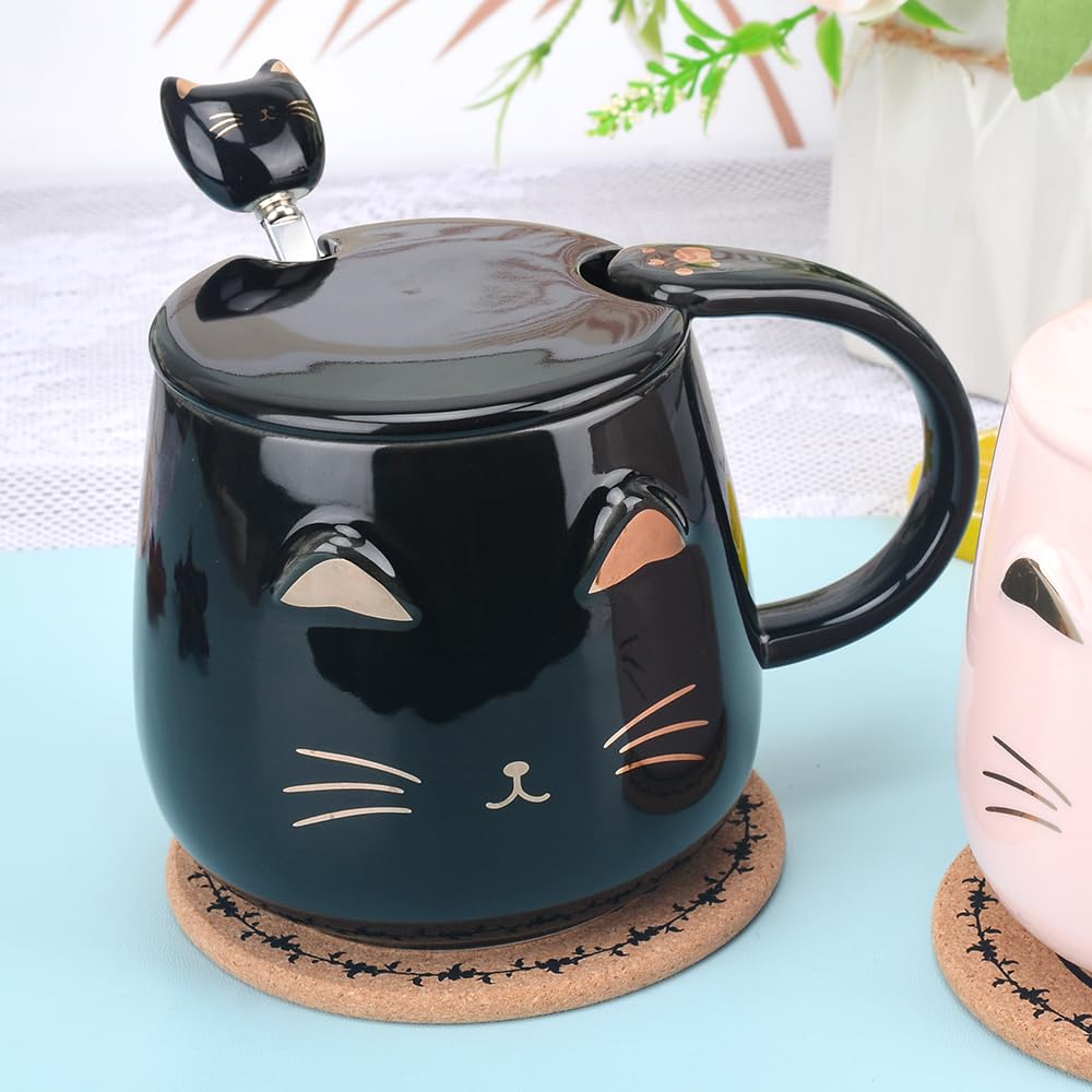Pink Ceramic Coffee mug Cute Cat Handmade Tea Cups with Stainless Steel Spoon Kitty Cup Unique Hot chocolate Novelty mugs Christ
