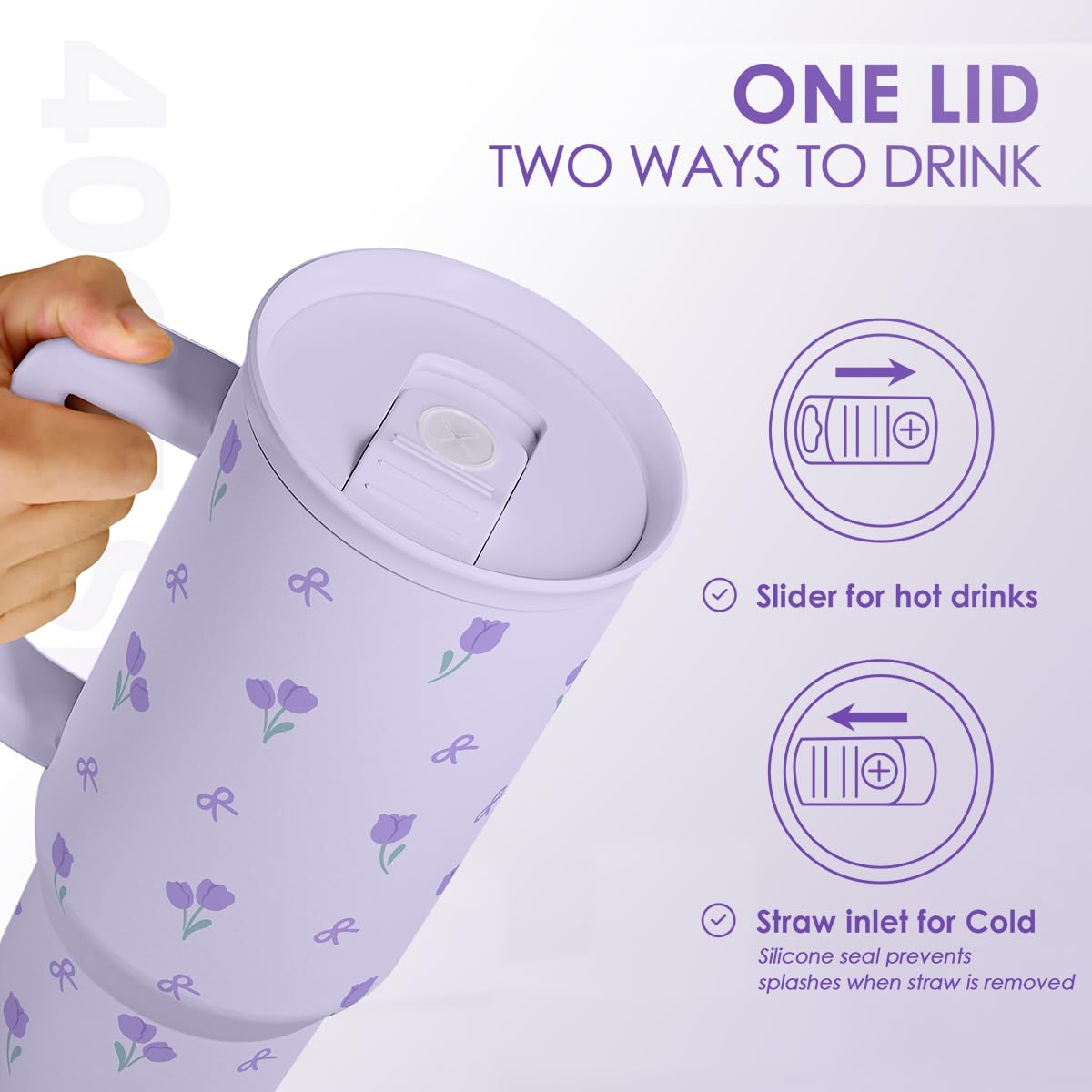 Floral 40oz Tumbler with Handle and Straw - Tulip Insulated Stainless Steel Travel Coffee Mug for Women Girls, Floral Gift Idea