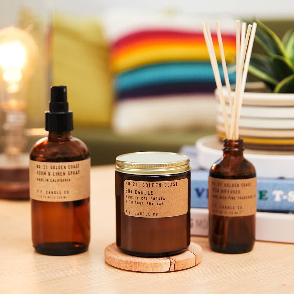 P.F. Candle Co. Golden Coast Classic Standard Scented Soy Wax Candle (7.2 oz) 40-50 Hour Burn Time, Cotton Wick, Amber Glass Jar