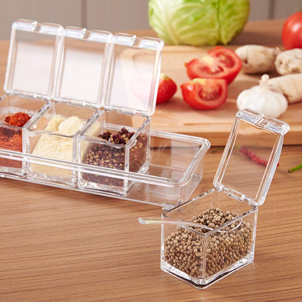 Yesland Clear Seasoning Rack Spice Pots - 4 Piece Storage Container Condiment Jars - Acrylic Seasoning Box, Cruet with Cover and