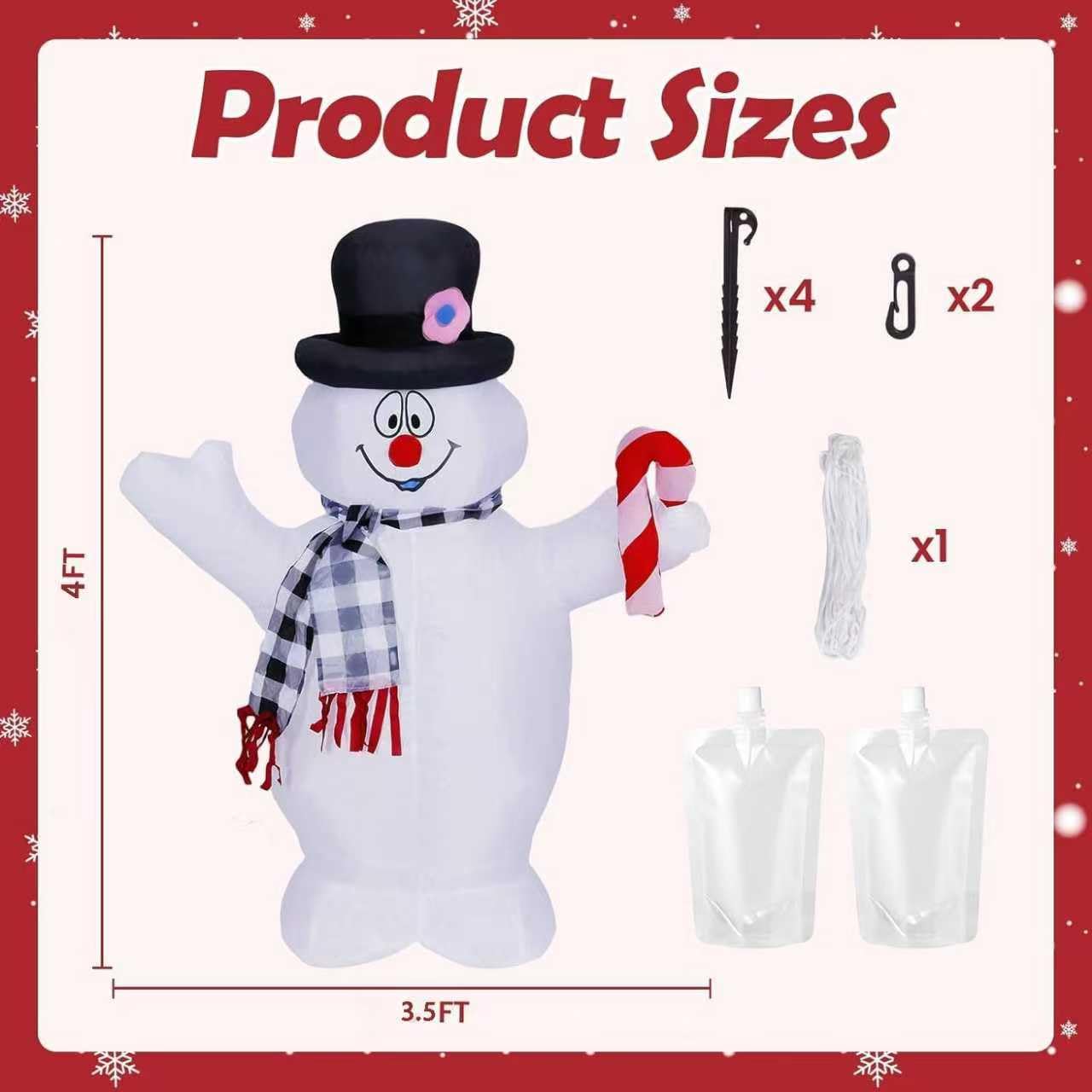 4FT Inflatable Christmas Snowman Outdoor Decoration with LED Lights and Candy Cane, Suitable for Indoor and Outdoor Use Such as