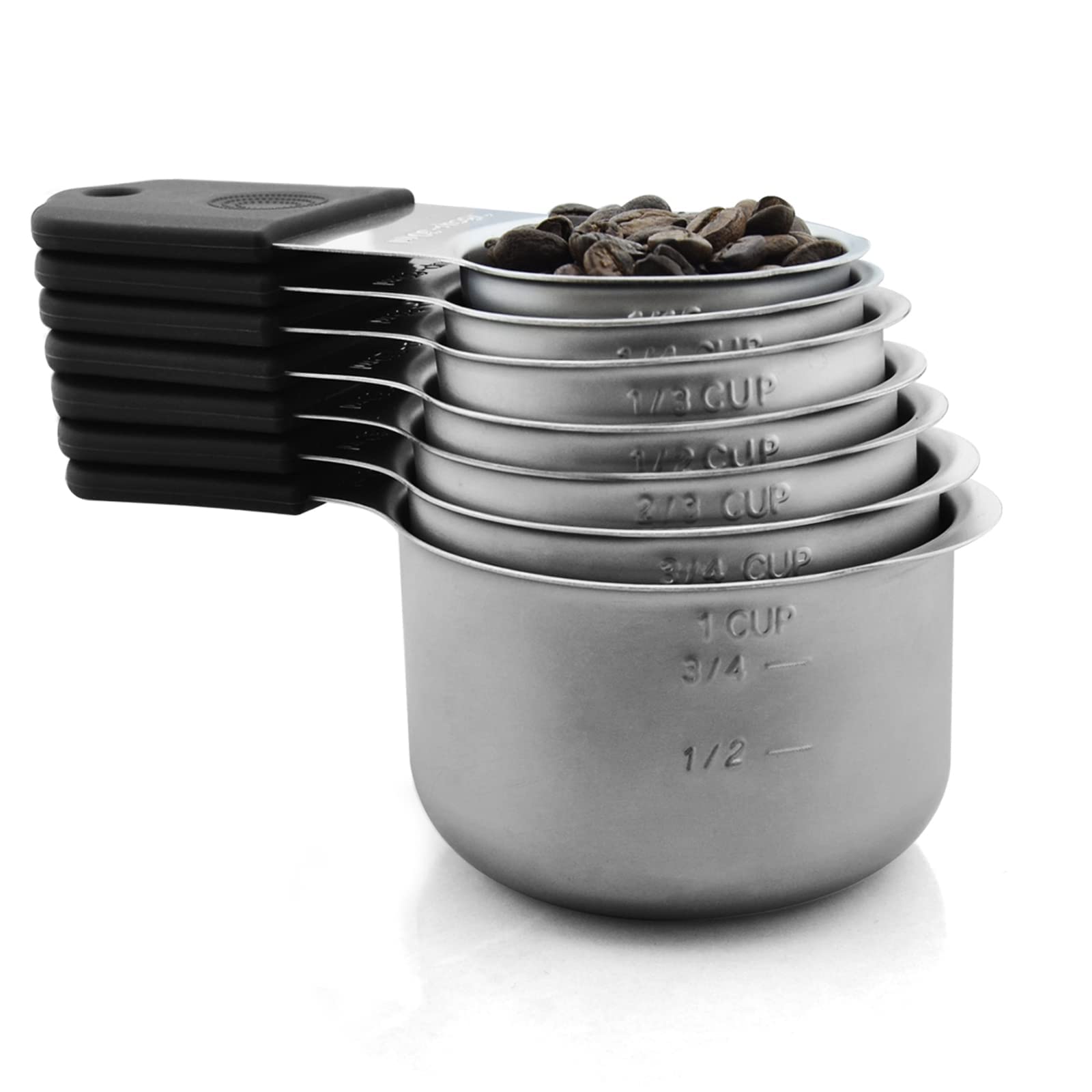 Magnetic Measuring Cups Set, 7 Pieces 18/8 Stainless Steel Stackable Nesting Heavy Duty Metal Measure Cups, Silicone Handle Kitc